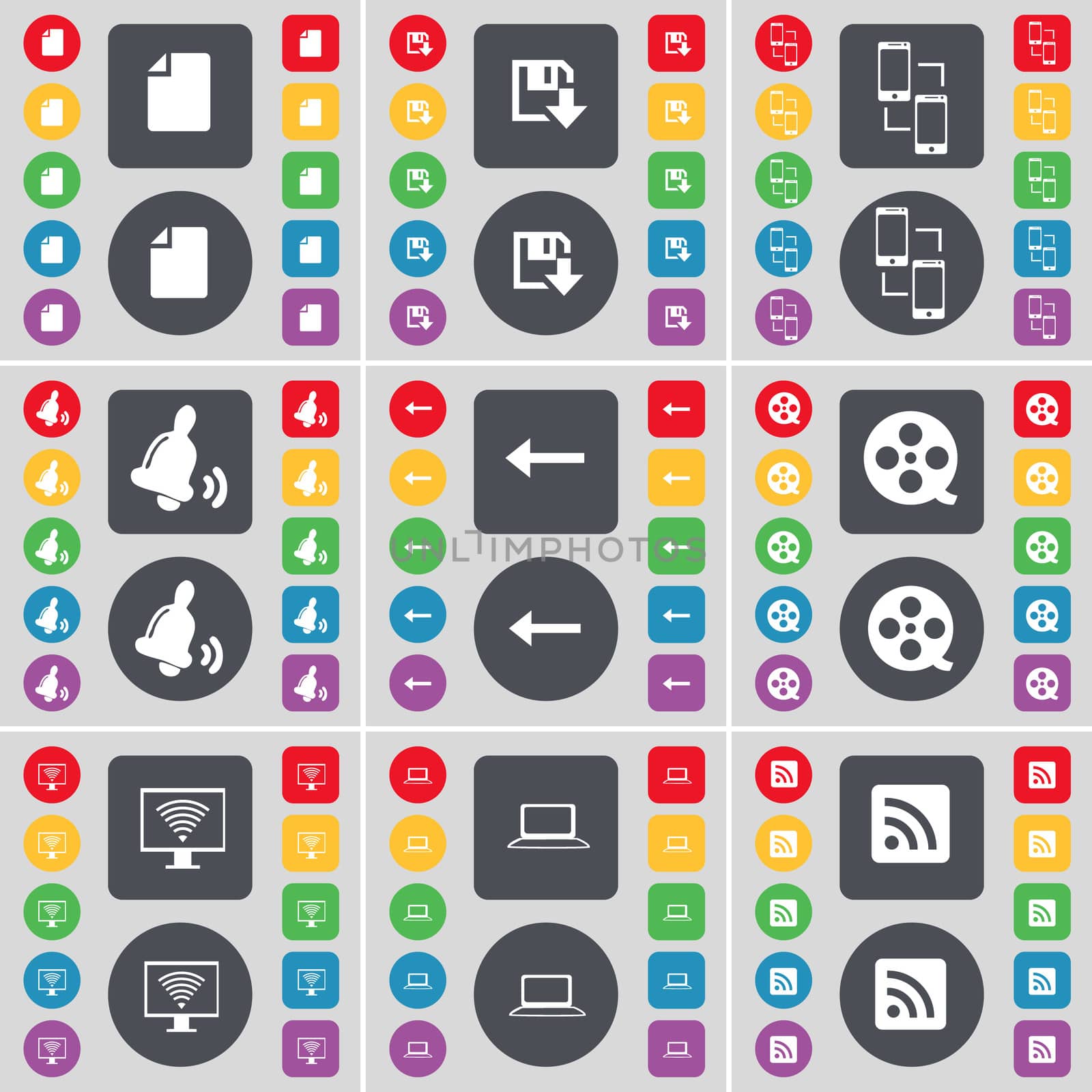 File, Floppy, Connection, Bell, Arrow left, Videotape, Monitor, Laptop, RSS icon symbol. A large set of flat, colored buttons for your design. illustration