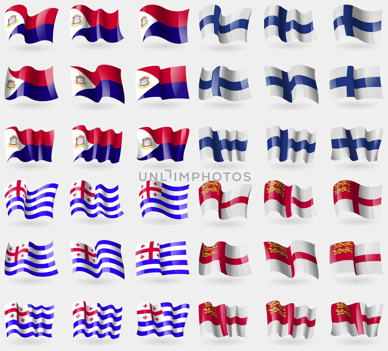 Saint Martin, Finland, Ajaria, Sark. Set of 36 flags of the countries of the world. illustration