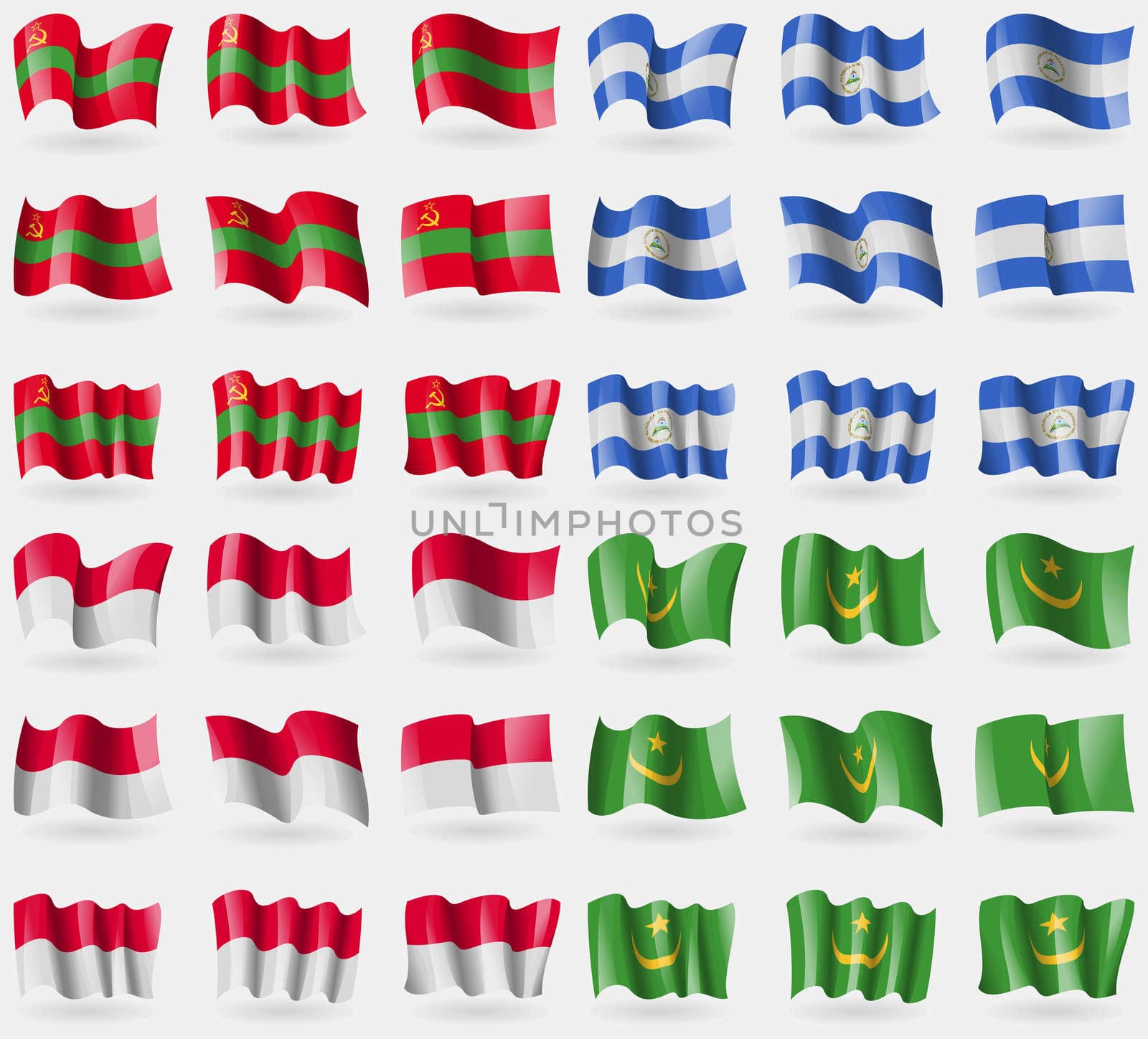 Transnistria, Nicaragua, Manco, Mauritania. Set of 36 flags of the countries of the world. illustration