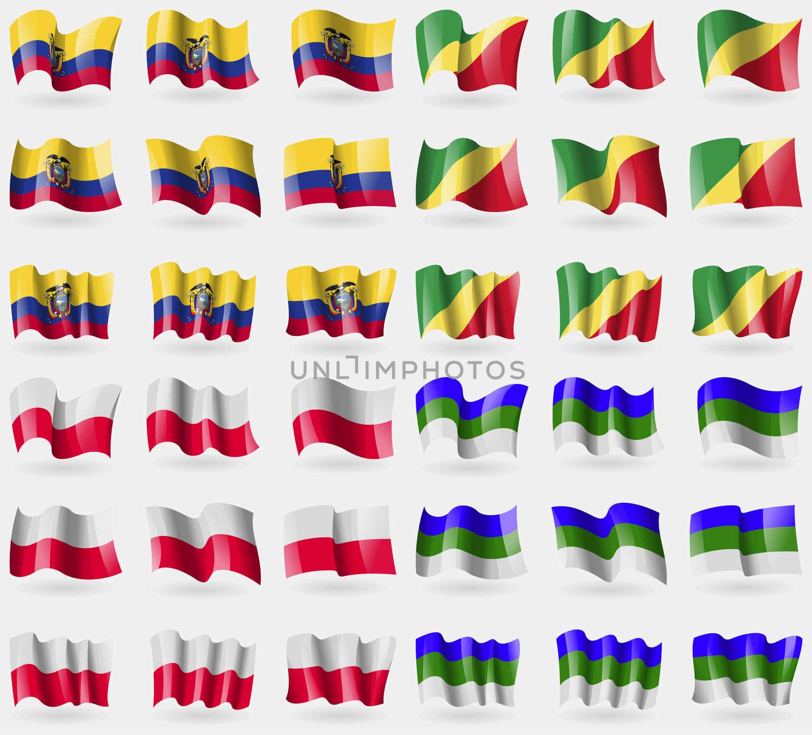 Ecuador, Congo Republic, Poland, Komi. Set of 36 flags of the countries of the world. illustration