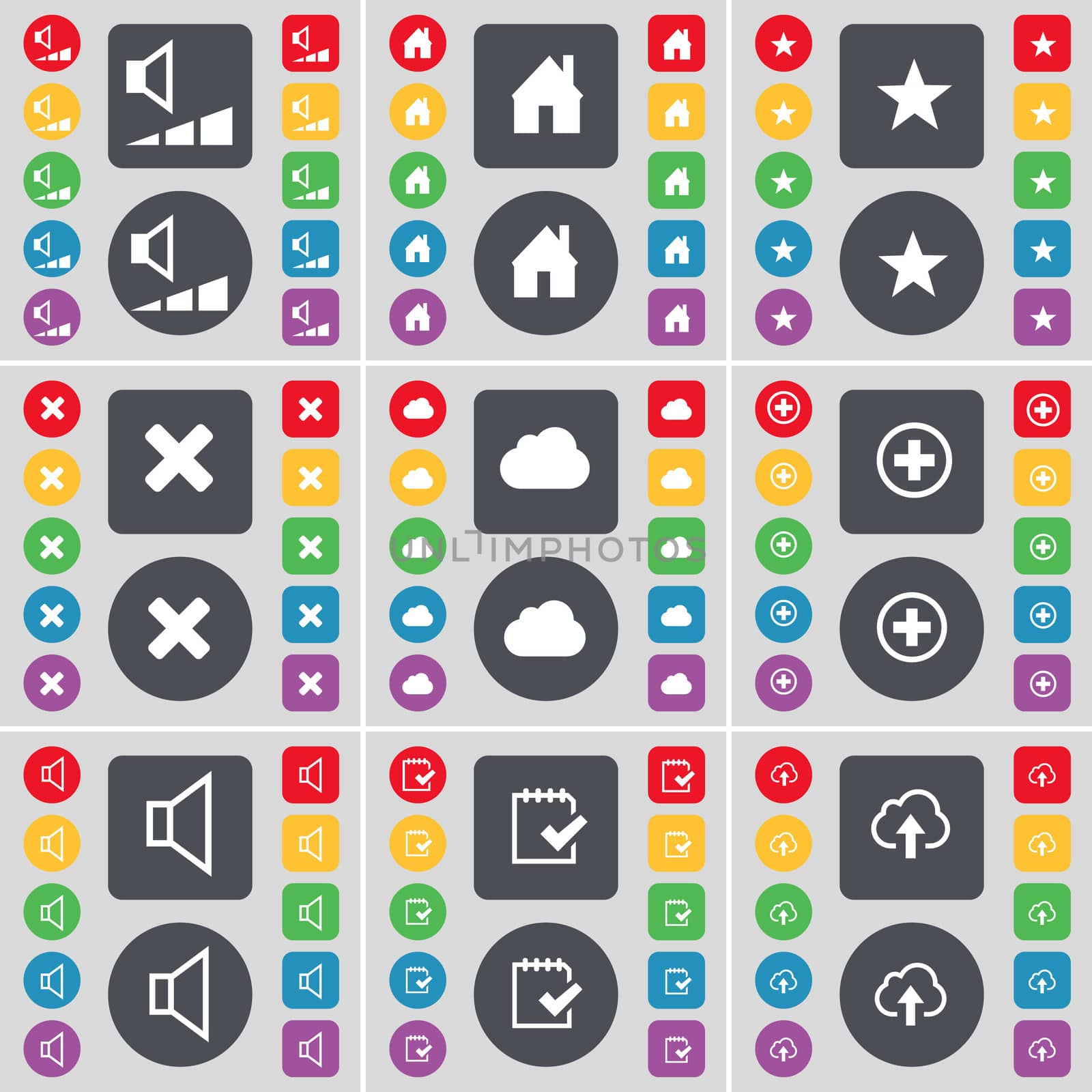 Volume, House, Star, Stop, Cloud, Plus, Sound, Survey icon symbol. A large set of flat, colored buttons for your design.  by serhii_lohvyniuk