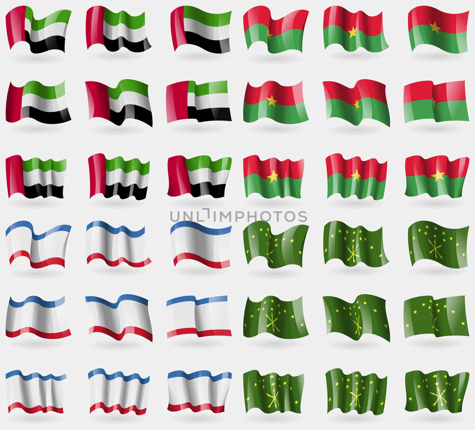 United Arab Emirates, Burkia Faso, Crimea, Adygea. Set of 36 flags of the countries of the world. illustration