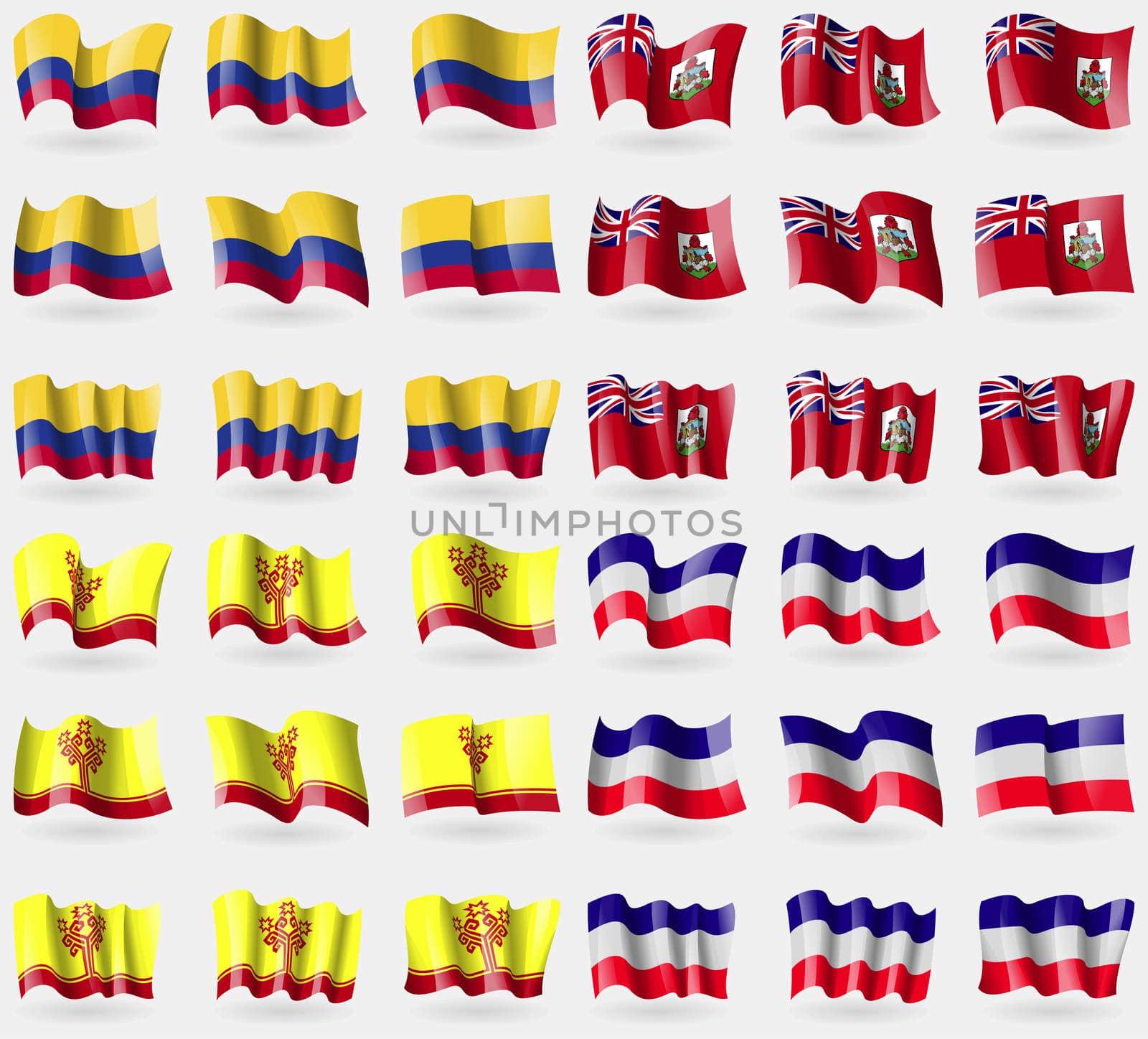 Colombia, Bermuda, Chuvashia, Los Altos. Set of 36 flags of the countries of the world. illustration