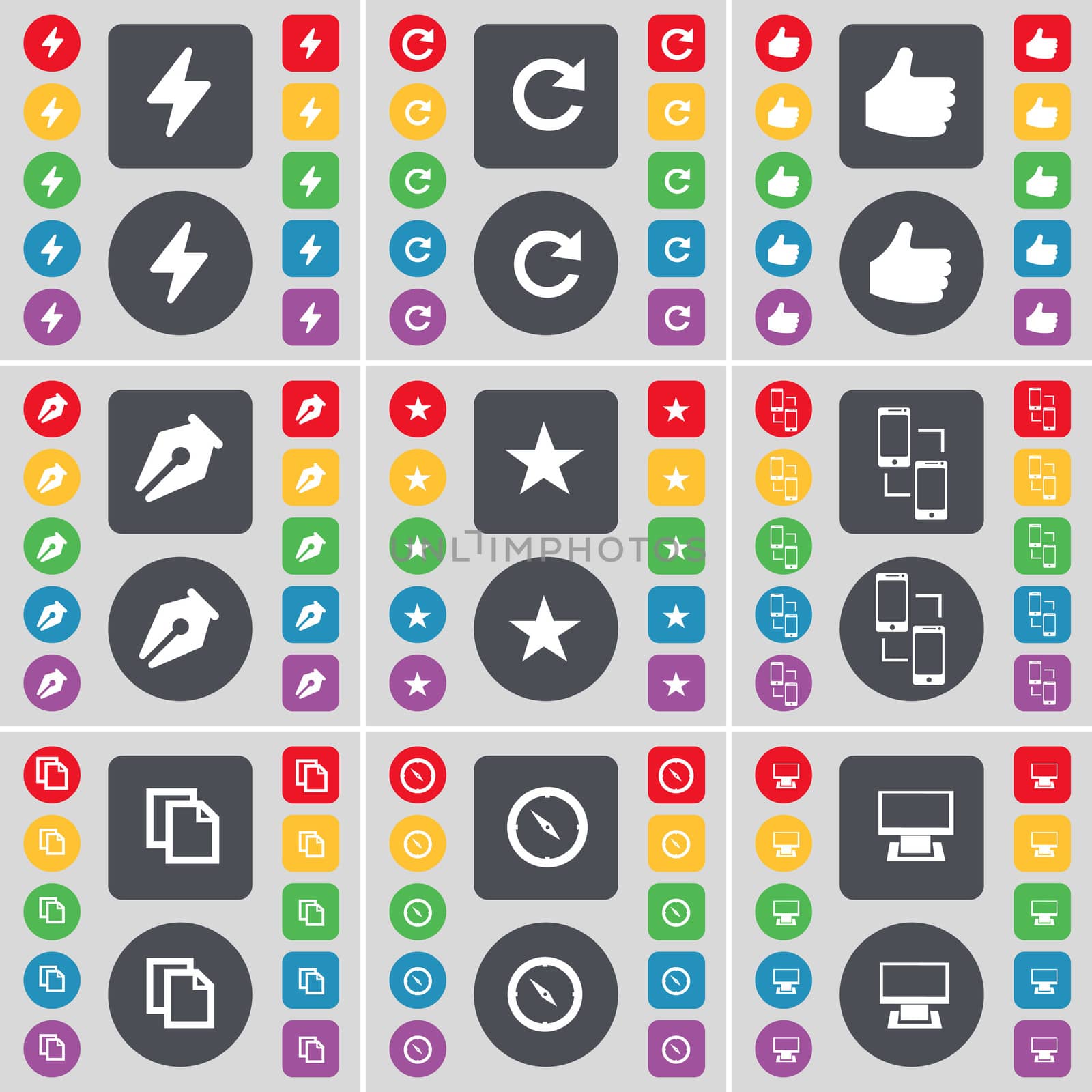 Flash, Reload, Like, Ink pen, Star, Connection, Copy, Compass, Monitor icon symbol. A large set of flat, colored buttons for your design. illustration