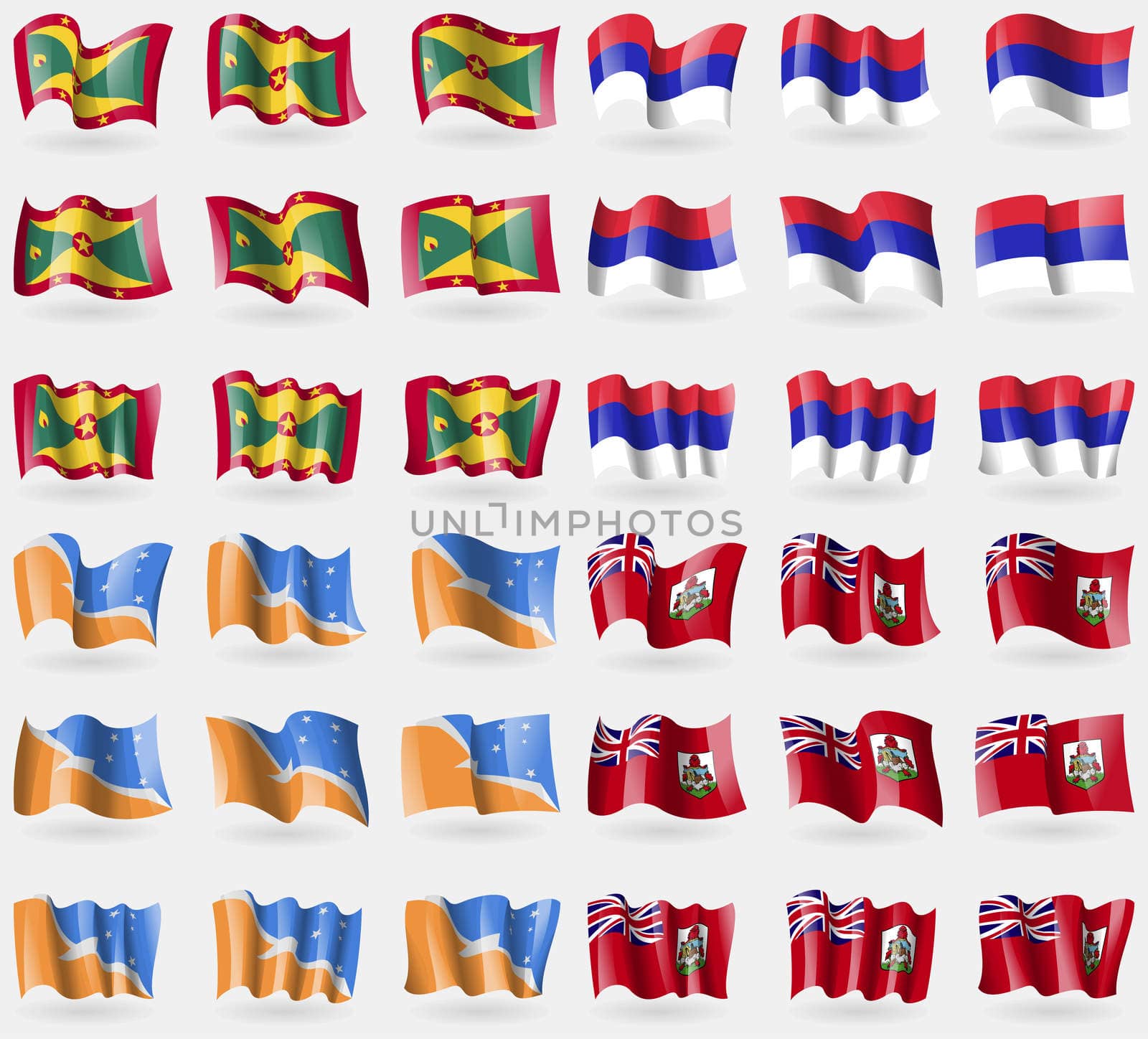 Grenada, Republika Srpska, Tierra del Fuego Province, Bermuda. Set of 36 flags of the countries of the world. illustration