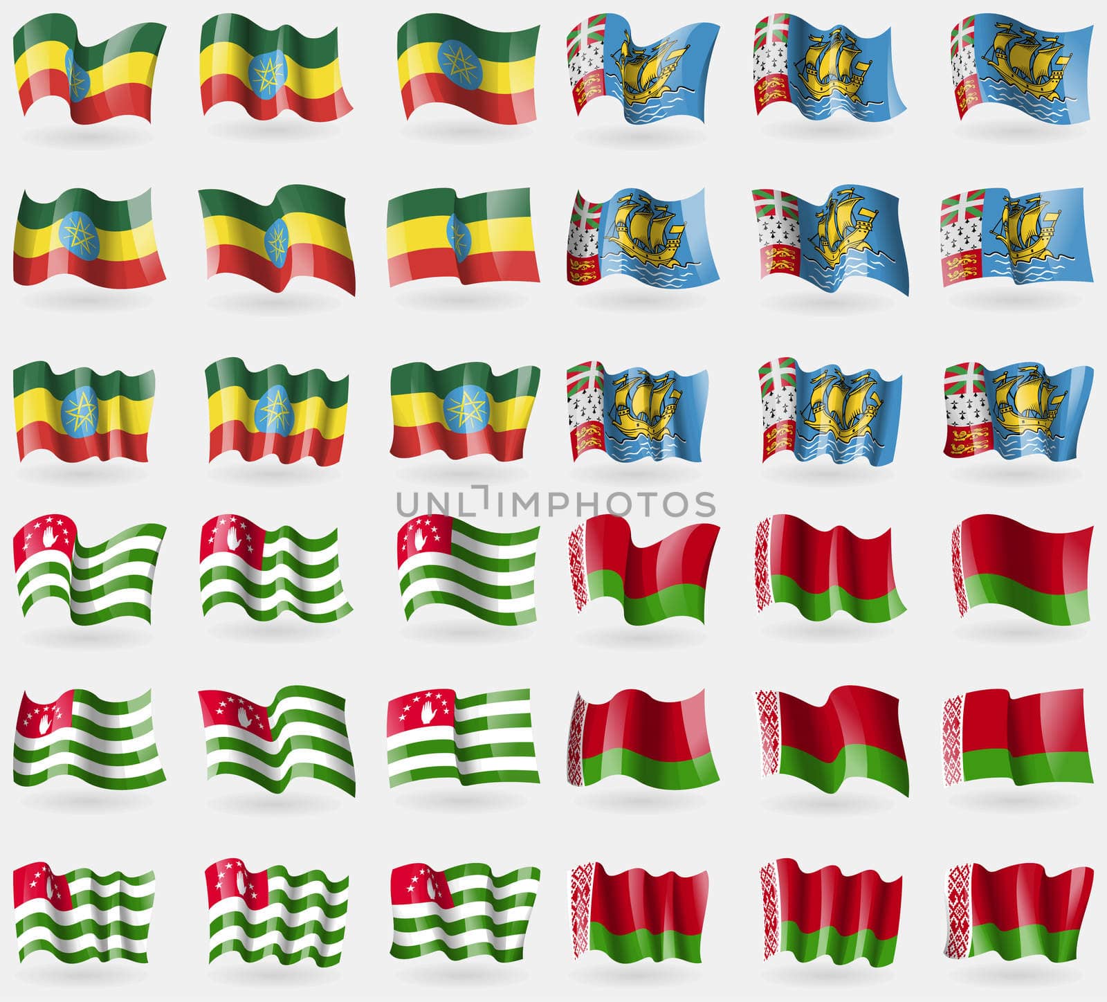 Ethiopia, Saint Pierre and Miquelon, Abkhazia, Belarus. Set of 36 flags of the countries of the world. illustration