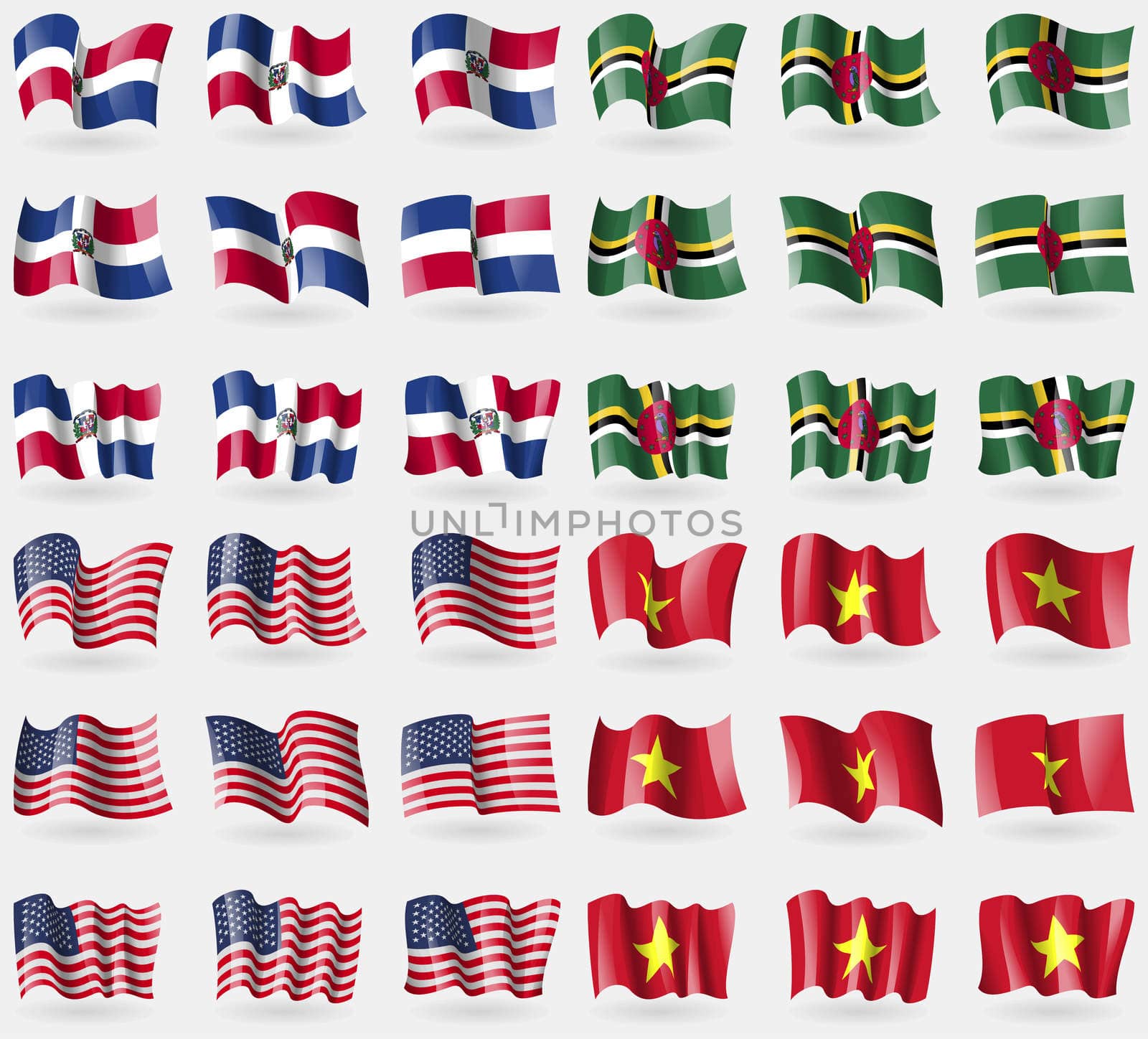 Dominican Republic, Dominica, USA, Vietnam. Set of 36 flags of the countries of the world. illustration