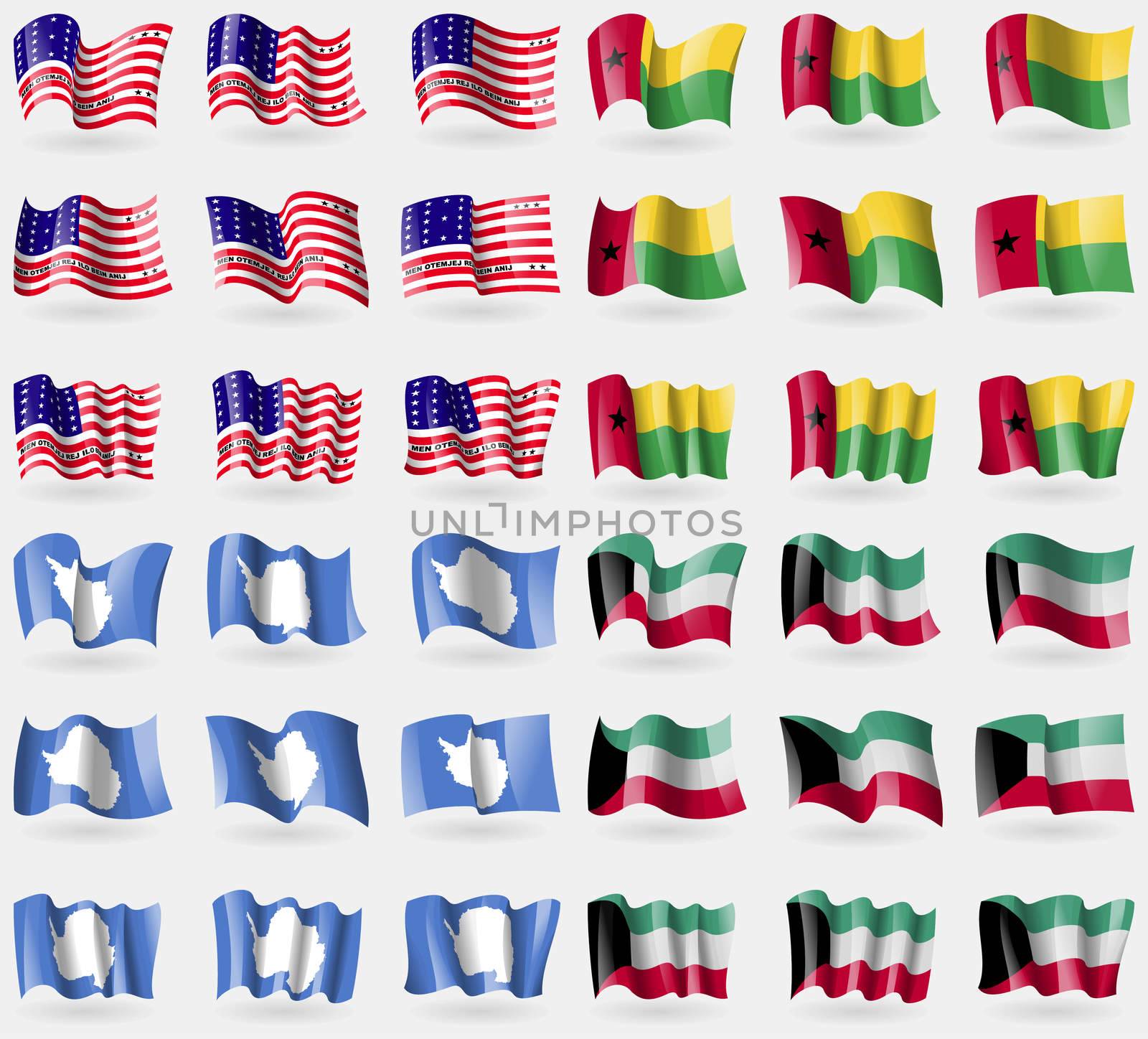 Bikini Atoll, GuineaBissau, Antarctica, Kuwait. Set of 36 flags of the countries of the world. illustration