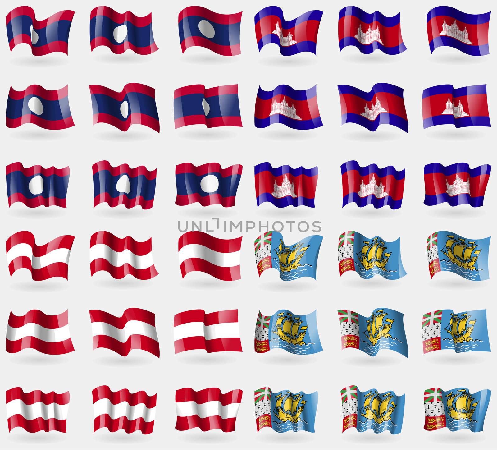 Laos, Cambodia, Austria, Saint Pierre and Miquelon. Set of 36 flags of the countries of the world. illustration