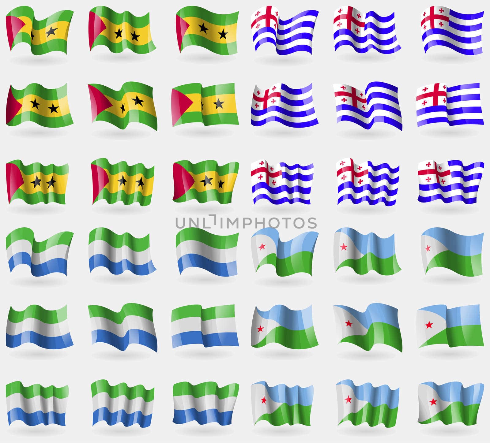 Sao Tome and Principe, Ajaria, Sierra Leone, Djibouti. Set of 36 flags of the countries of the world. illustration