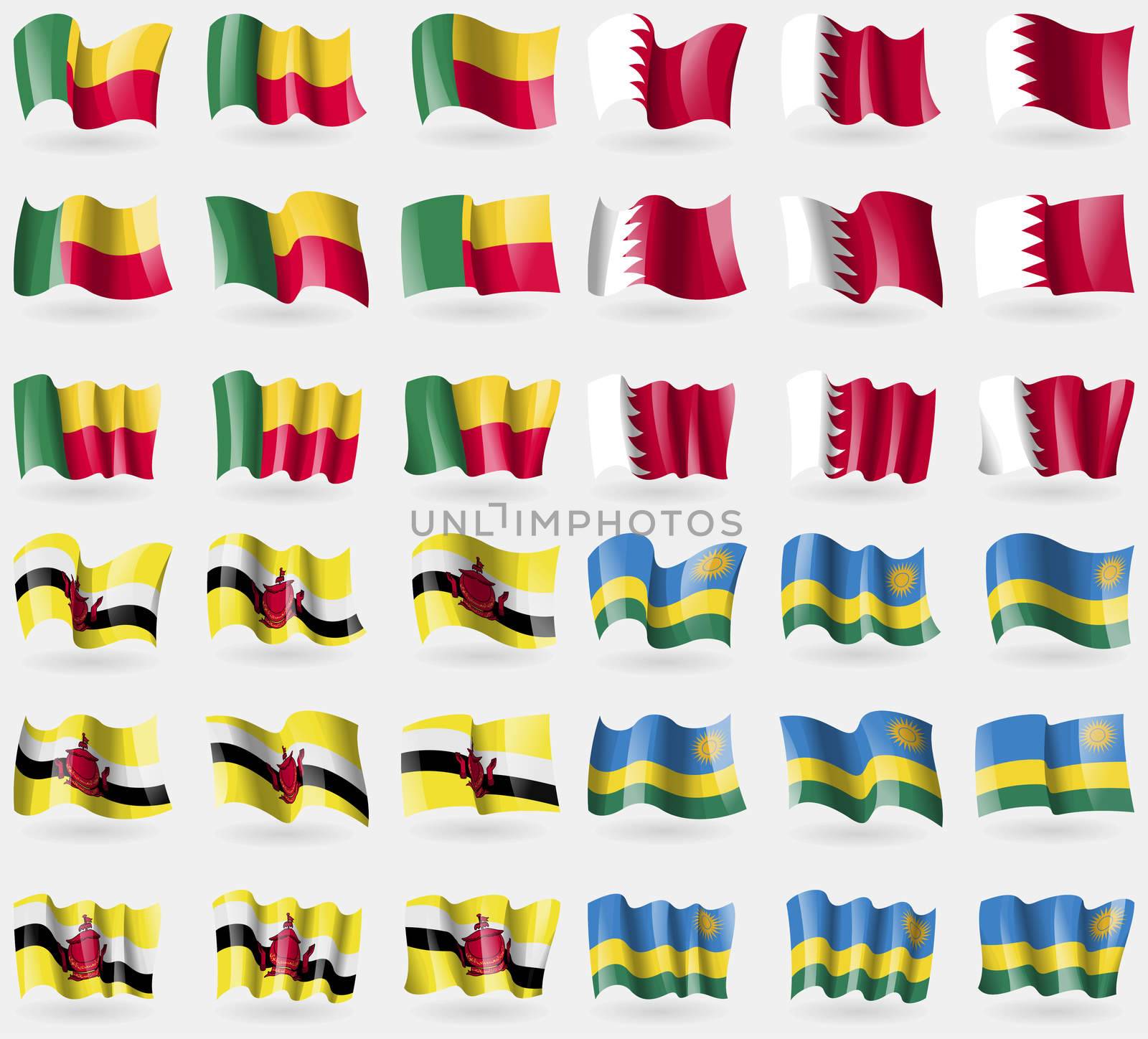 Benin, Bahrain, Brunei, Rwanda. Set of 36 flags of the countries of the world. illustration