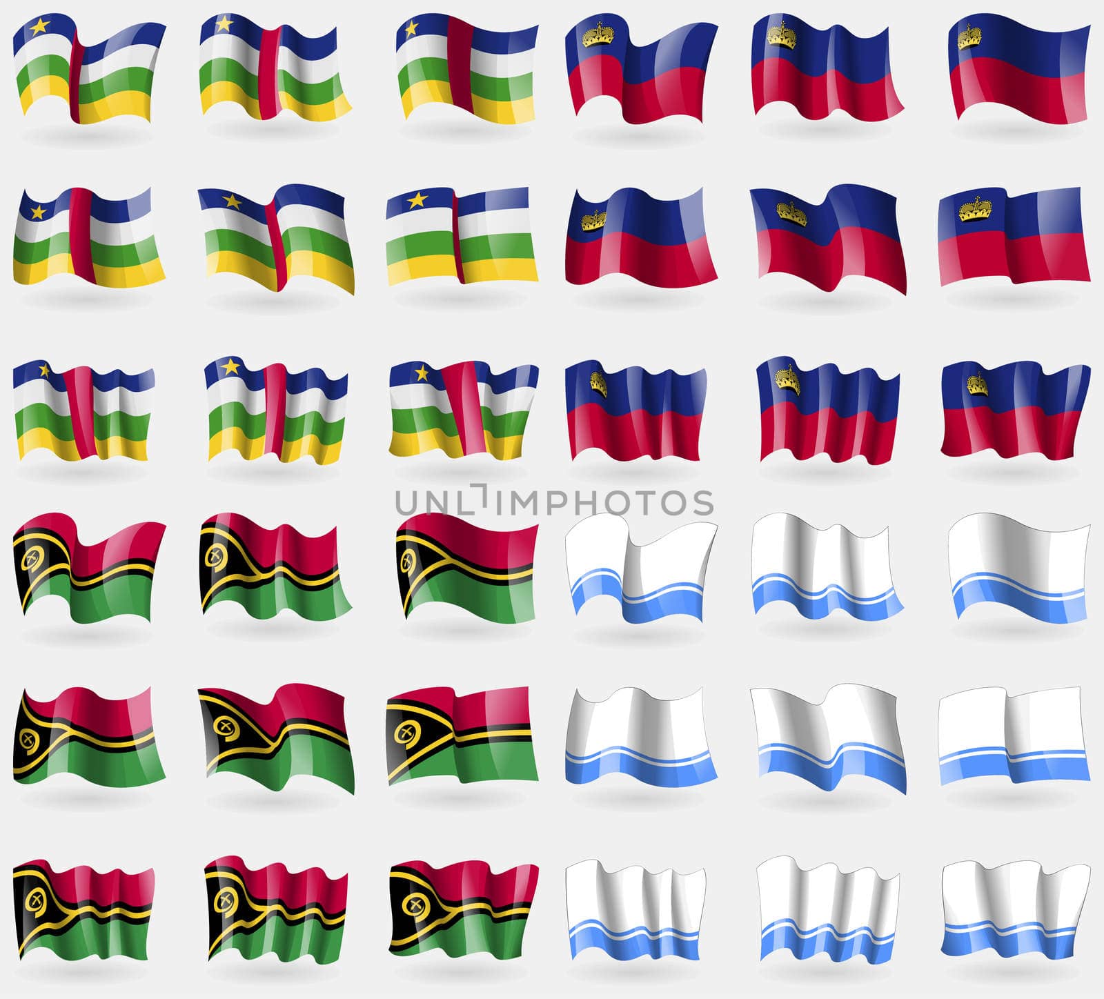 Central African Republic, Liechtenstein, Vanuatu, Altai Republic. Set of 36 flags of the countries of the world. illustration