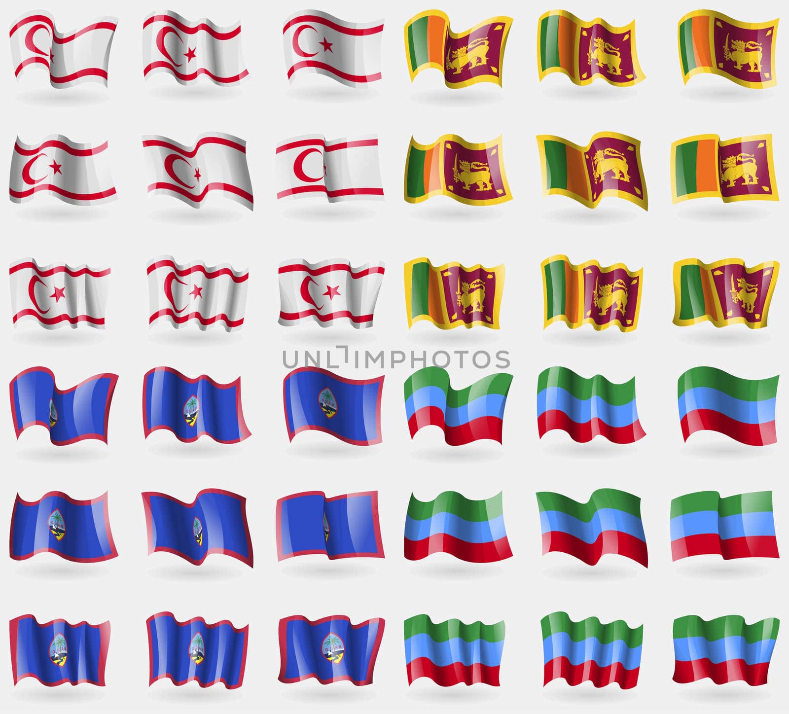 Turkish Northern Cyprus, Sri Lanka, Guam, Dagestan. Set of 36 flags of the countries of the world. illustration