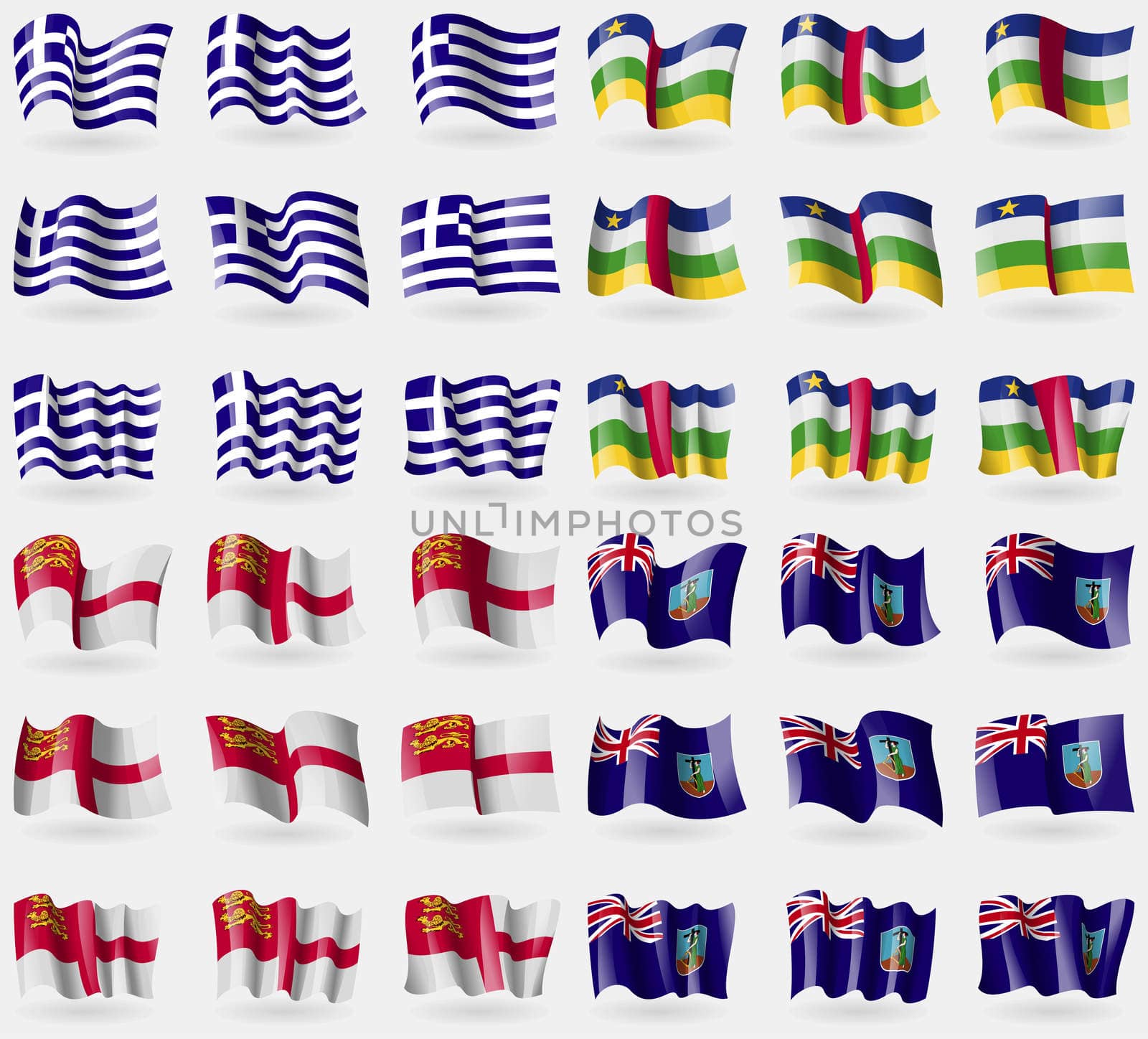 Greece, Central African Republic, Sark, Montserrat. Set of 36 flags of the countries of the world. illustration