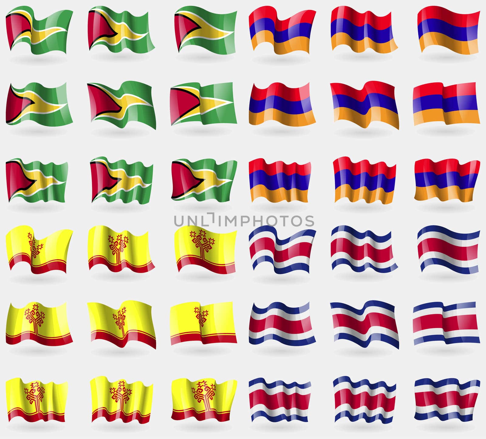 Guyana, Armenia, Chuvashia, Costa Rica. Set of 36 flags of the countries of the world. illustration