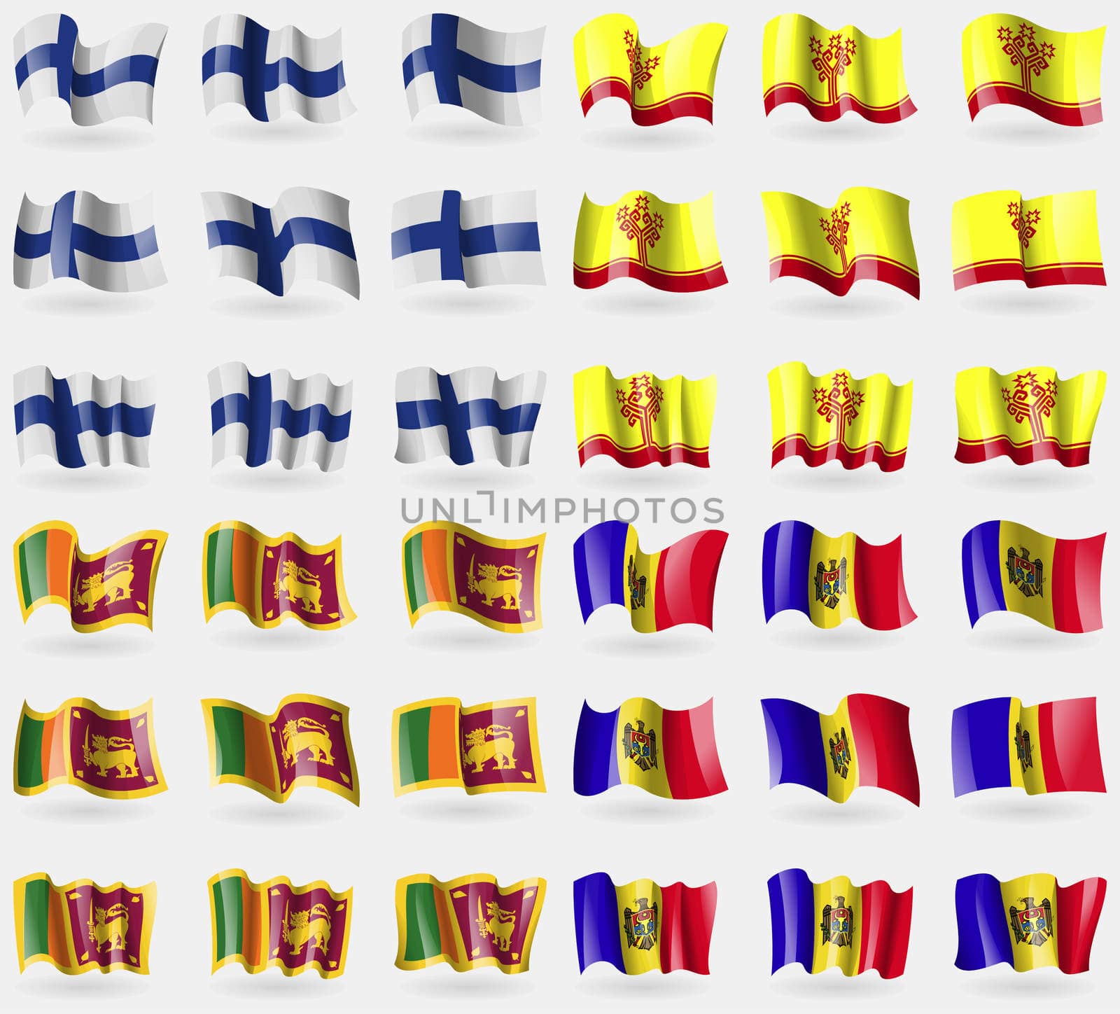 Finland, Chuvashia, Sri Lanka, Moldova. Set of 36 flags of the countries of the world. illustration