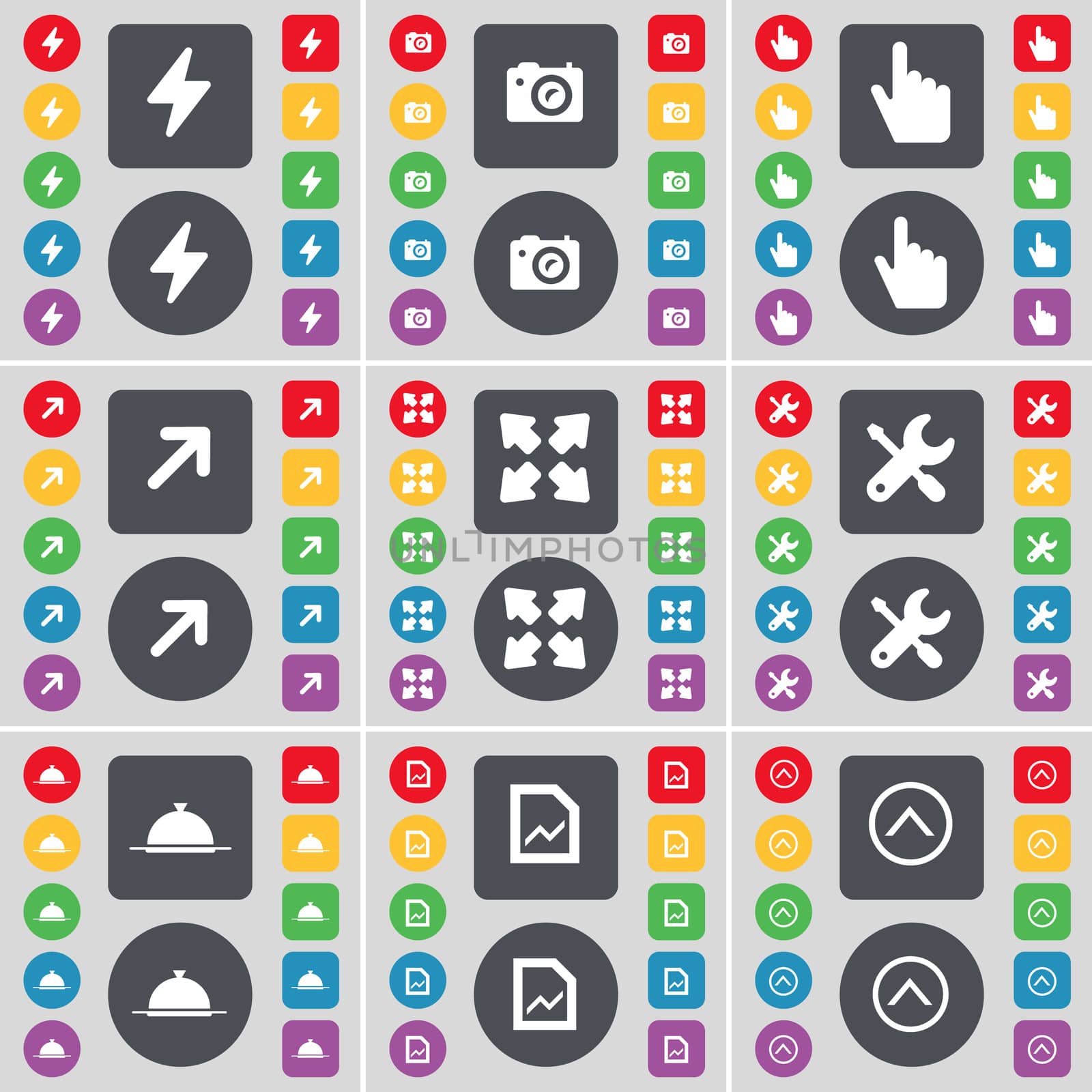 Flash, Camera, hand, Full screen, Wrench, Tray, Graph, Arrow up icon symbol. A large set of flat, colored buttons for your design. illustration