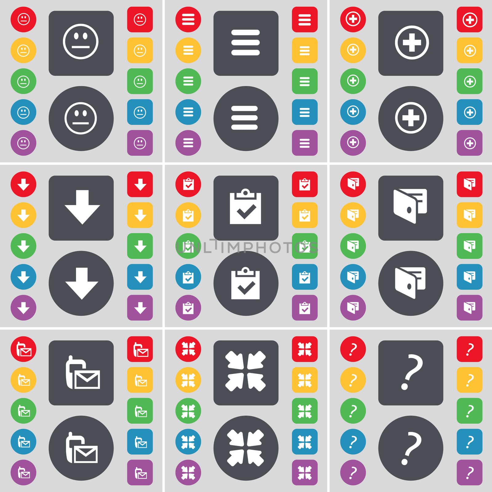 Smile, Apps, Plus, Arrow down, Survey, Wallet, SMS, Deploying screen, Question mark icon symbol. A large set of flat, colored buttons for your design. illustration