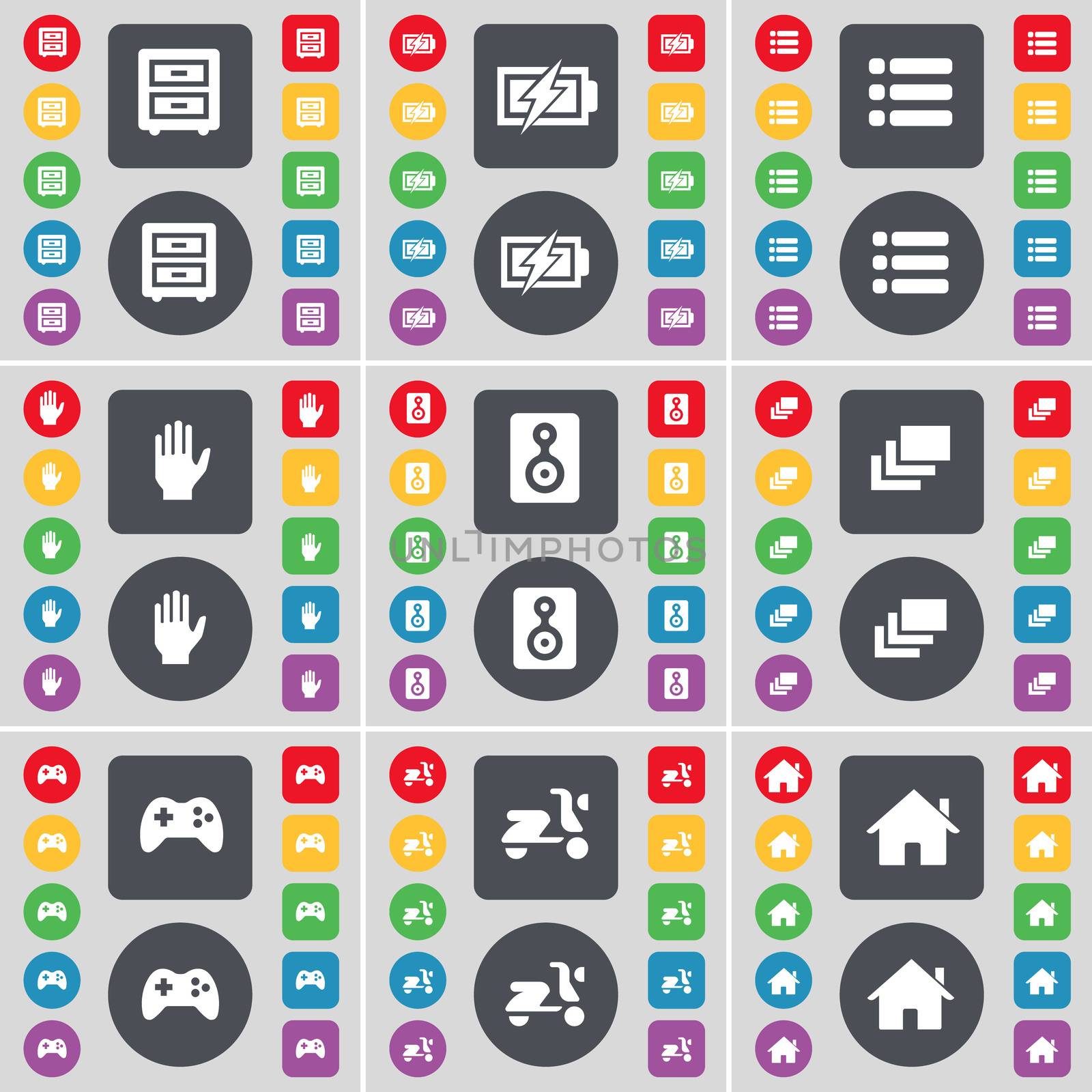 Bed-table, Charging, List, Hand, Speaker, Gallery, Gamepad, Scooter, House icon symbol. A large set of flat, colored buttons for your design. illustration