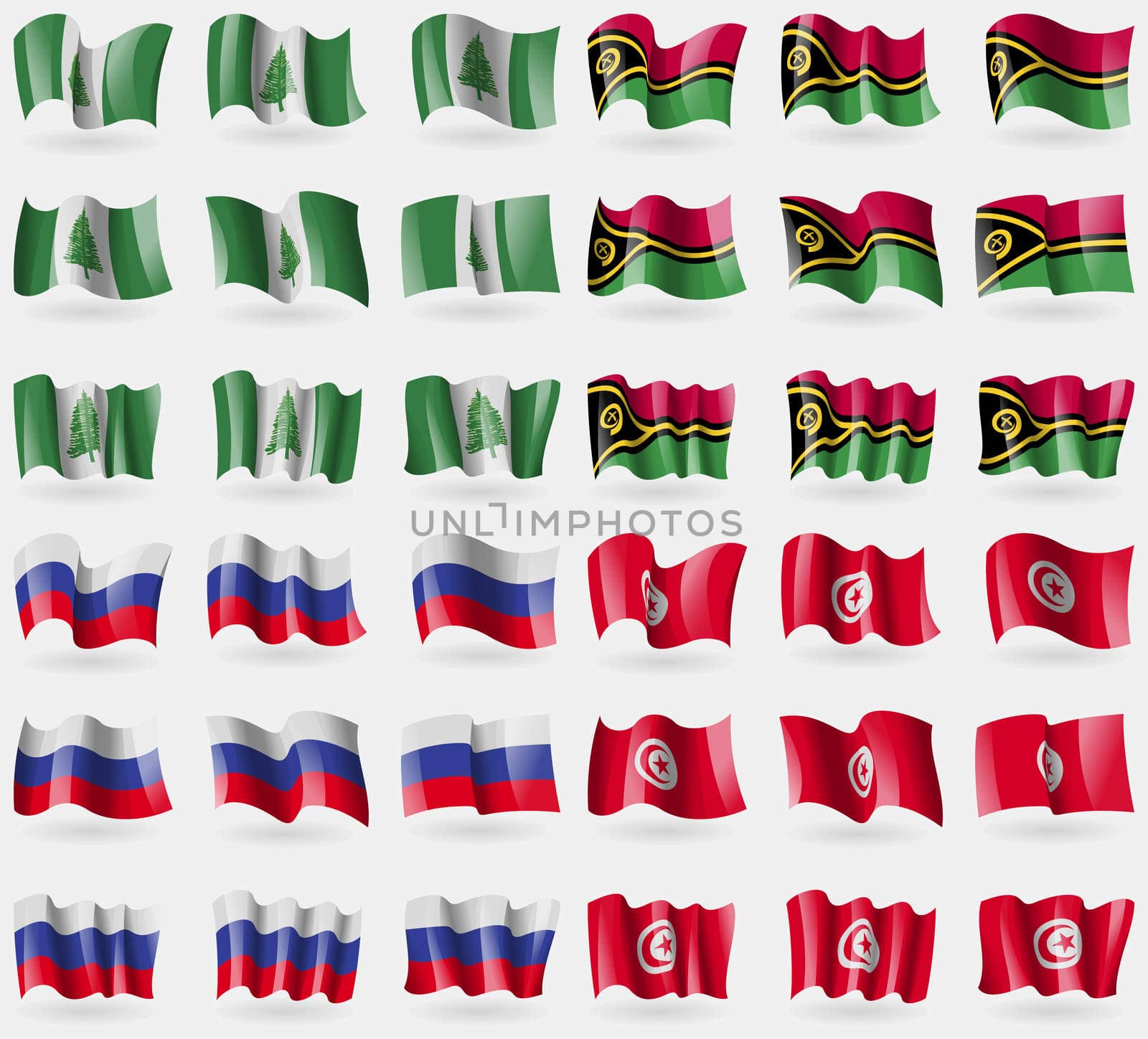 Norfolk Island, Vanuatu, Russia, Tunisia. Set of 36 flags of the countries of the world. illustration