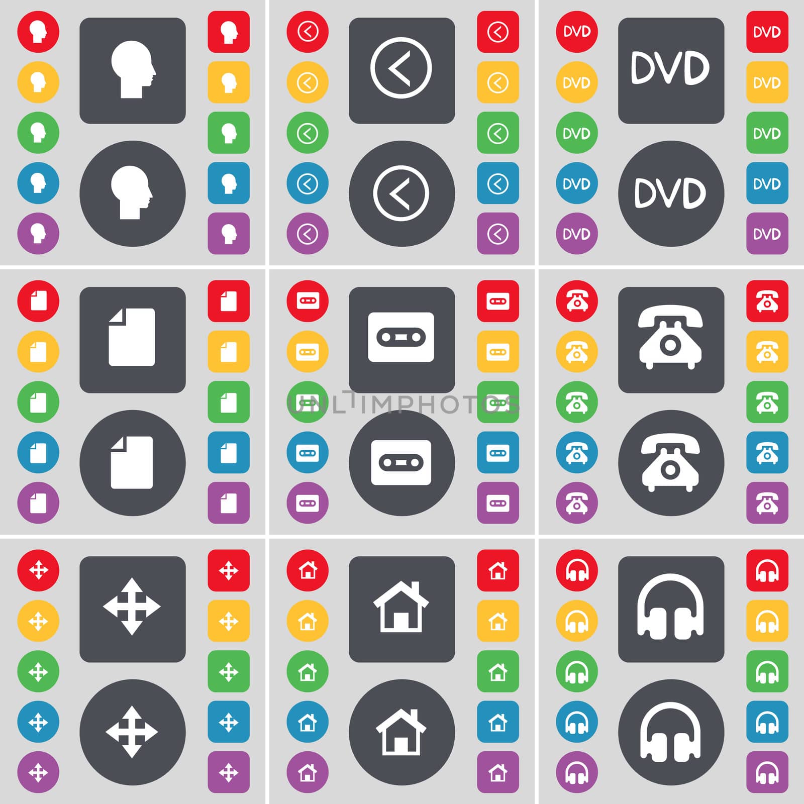 Silhouette, Arrow left, DVD, File, Cassette, Retro phone, Moving, House, Headphones icon symbol. A large set of flat, colored buttons for your design.  by serhii_lohvyniuk