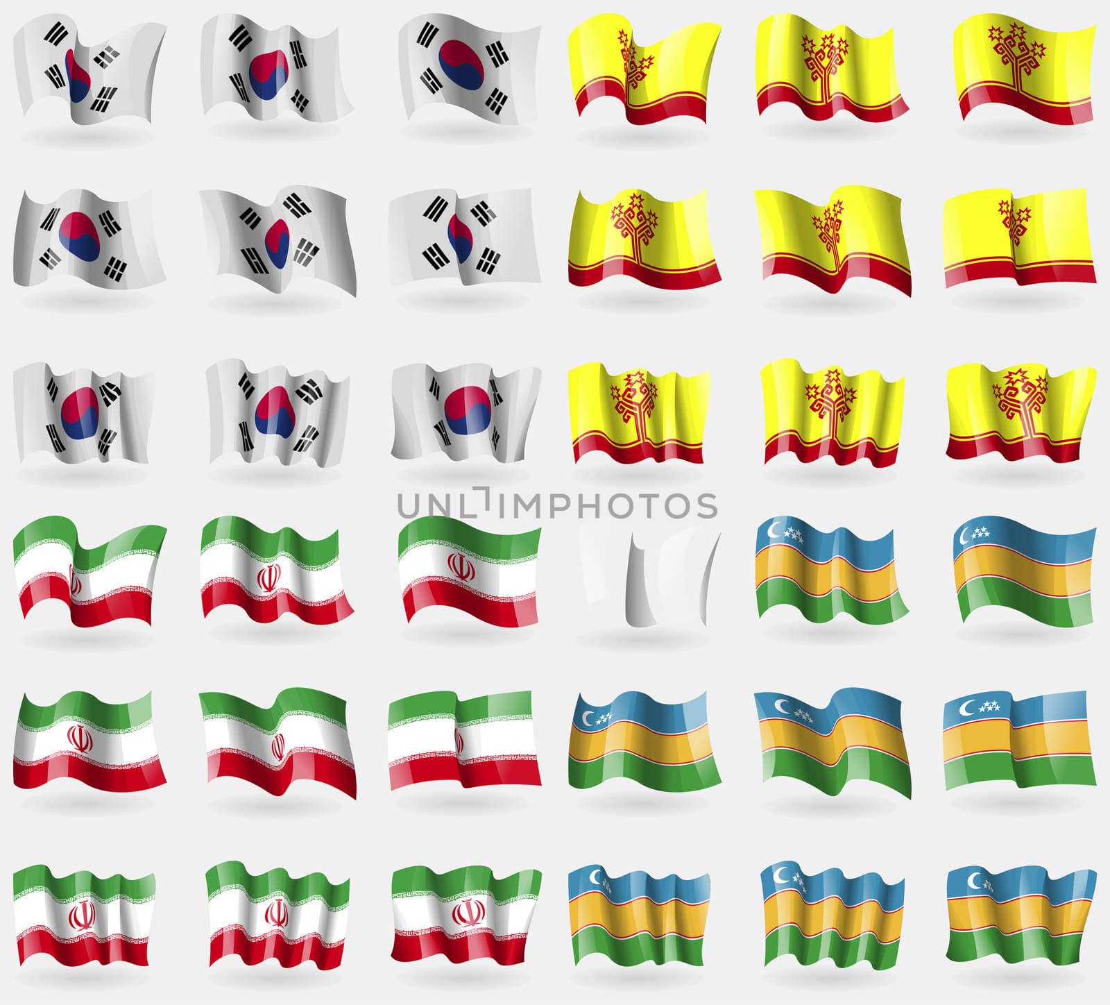 Korea South, Chuvashia, Iran, Karakalpakstan. Set of 36 flags of the countries of the world. illustration