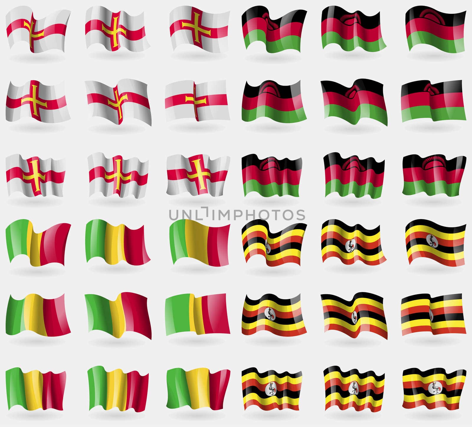 Guernsey, Malawi, Mali, Uganda. Set of 36 flags of the countries of the world. illustration