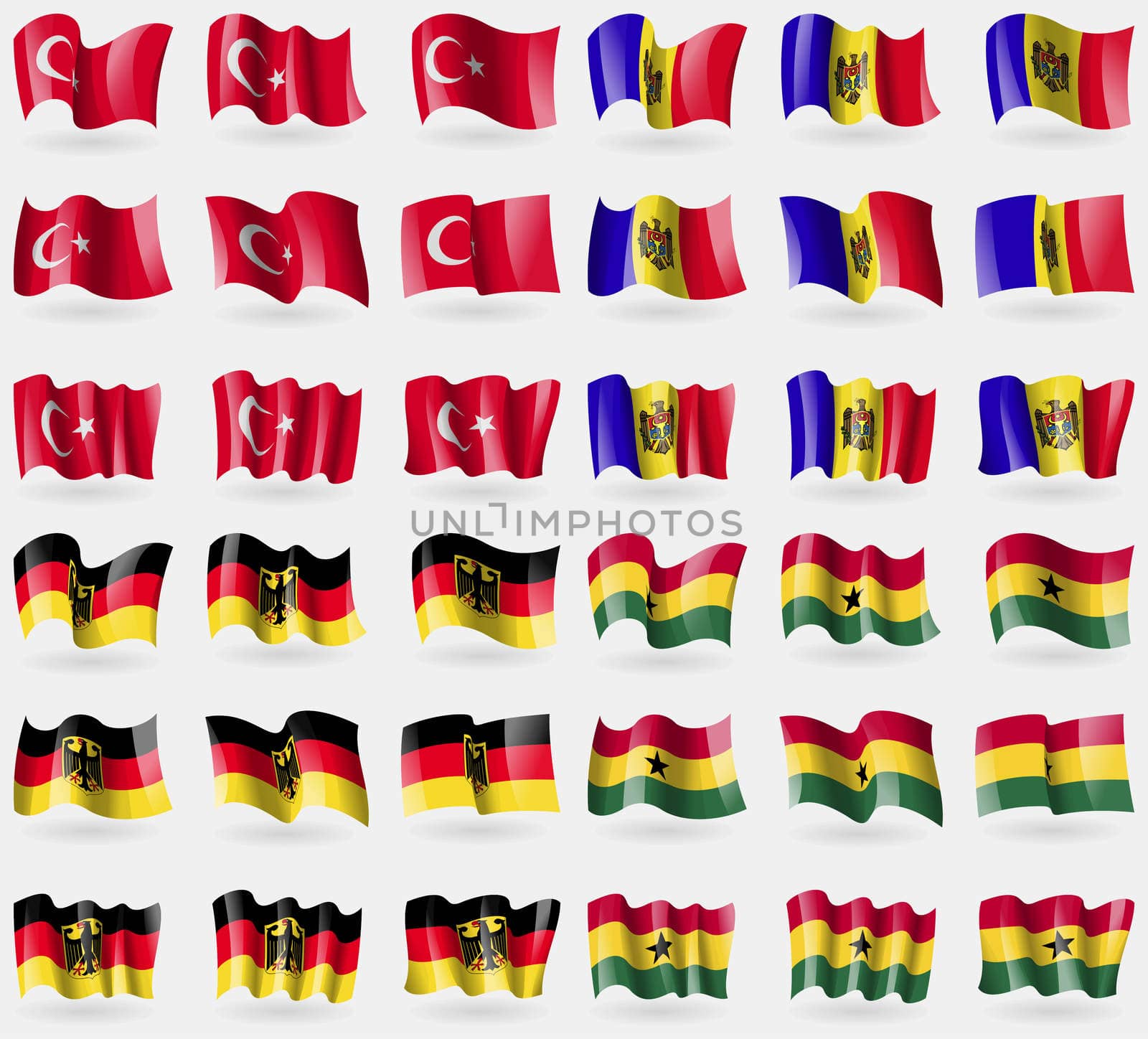 Turkey, Moldova, Germany, Ghana. Set of 36 flags of the countries of the world. illustration