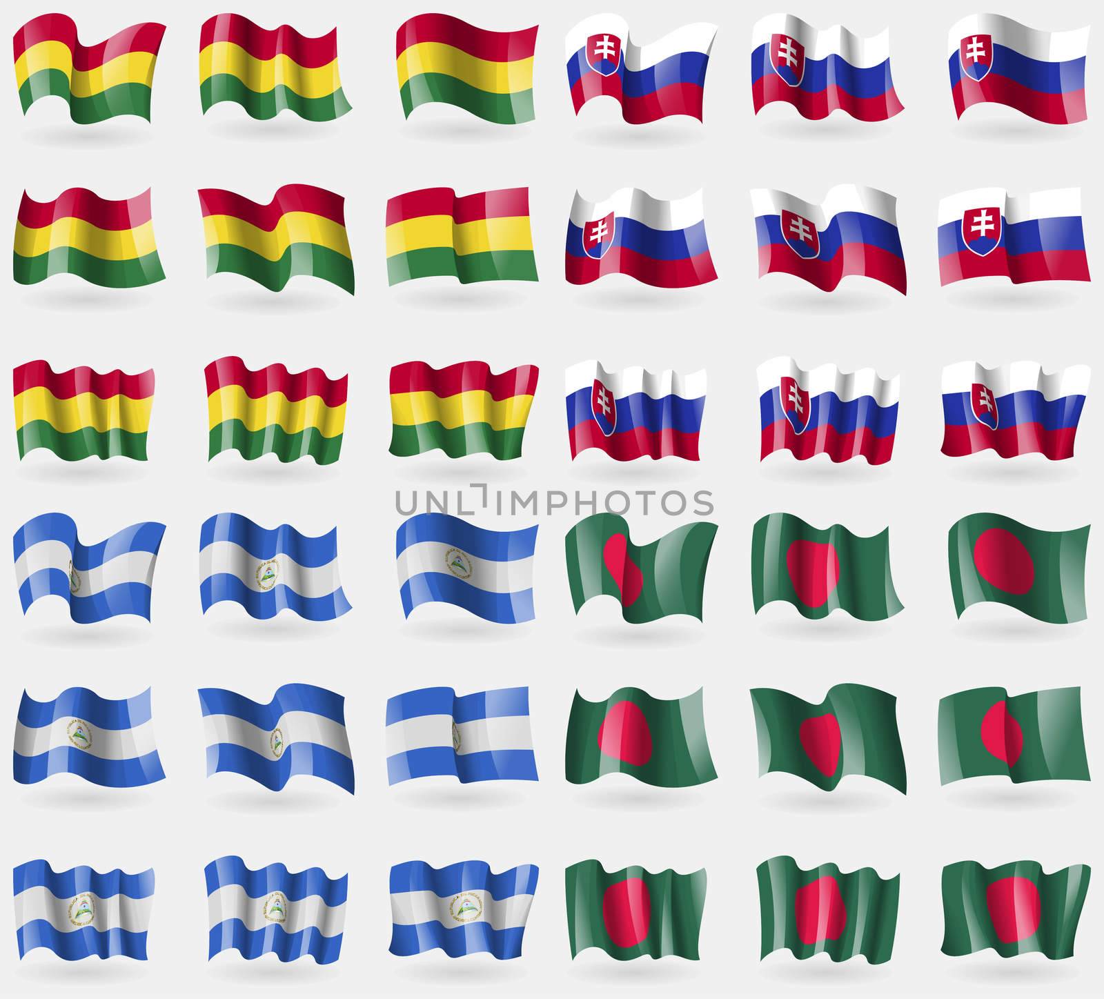 Bolivia, Slovakia, Nicaragua, Bangladesh. Set of 36 flags of the countries of the world. illustration