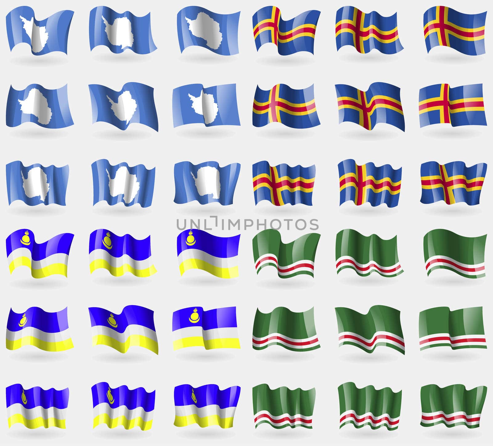 Antarctica, Aland, Buryatia, Chechen Republic of Ichkeria. Set of 36 flags of the countries of the world. illustration