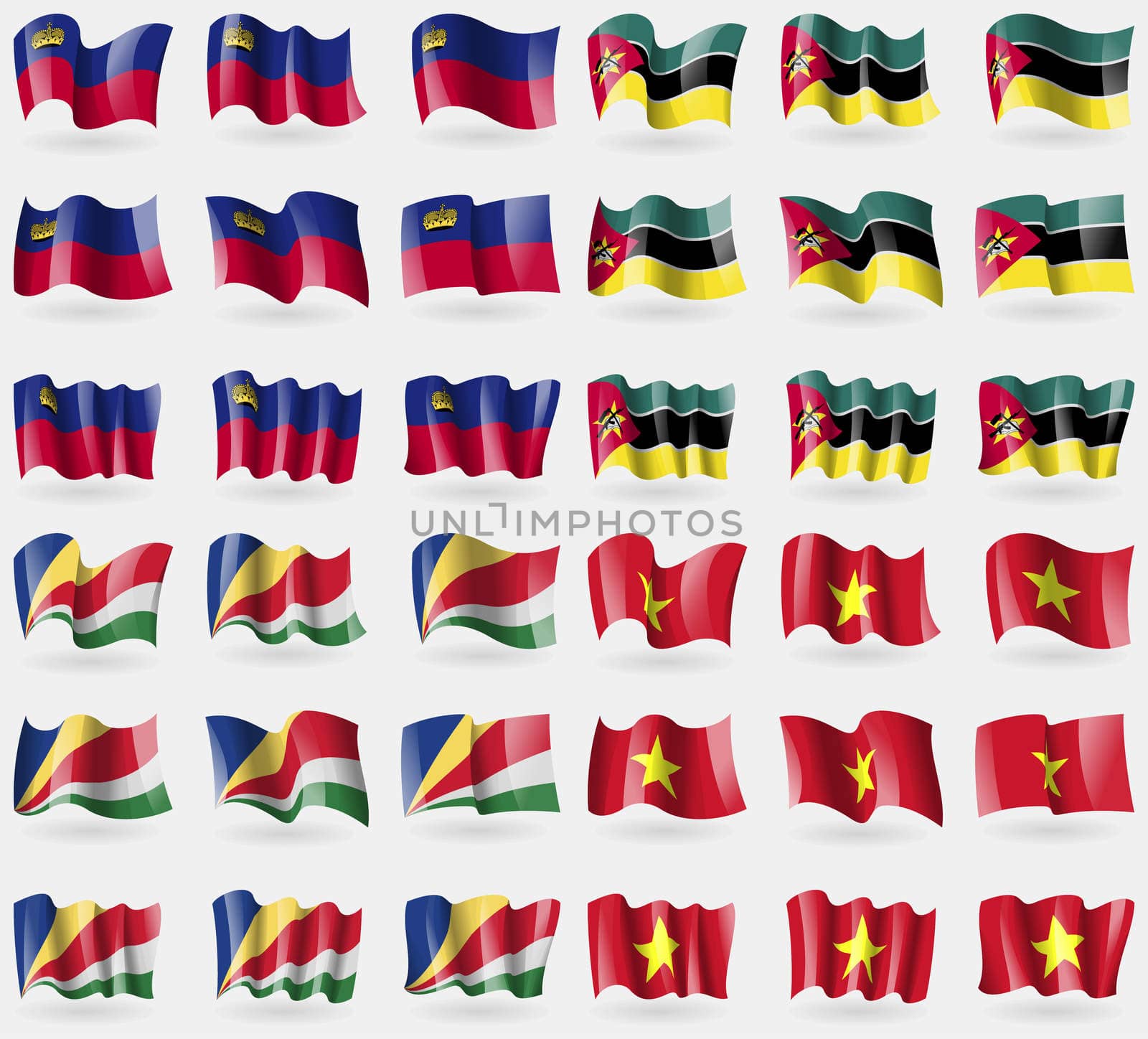 Liechtenstein, Mozambique, Seychelles, Vietnam. Set of 36 flags of the countries of the world. illustration