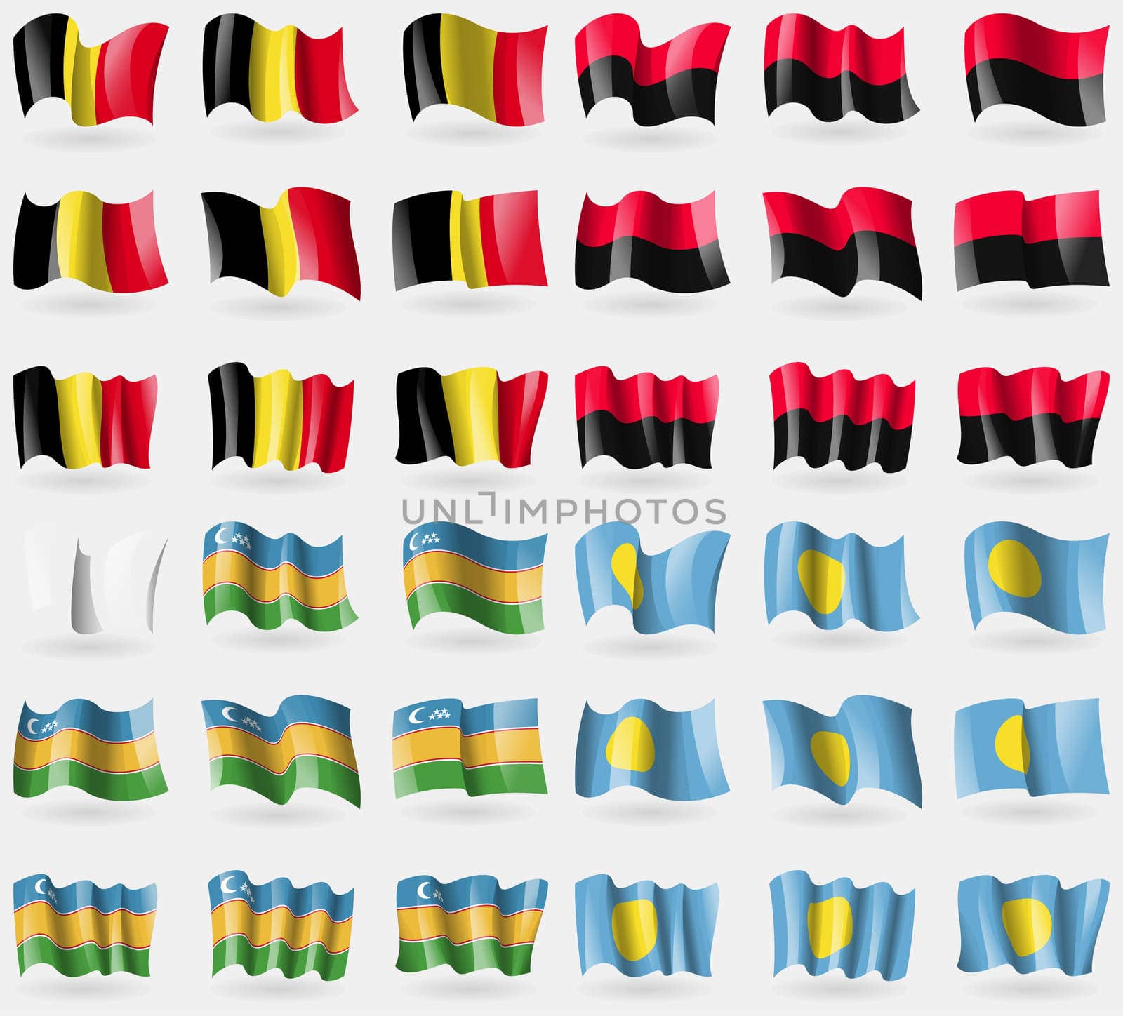 Belgium, UPA, Karakalpakstan, Palau. Set of 36 flags of the countries of the world. illustration