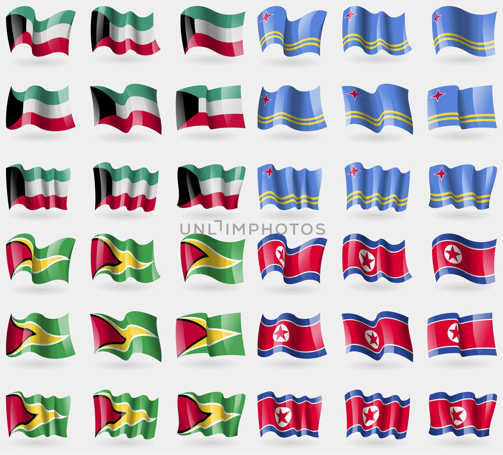 Kuwait, Aruba, Guyana, Korea North. Set of 36 flags of the countries of the world. illustration