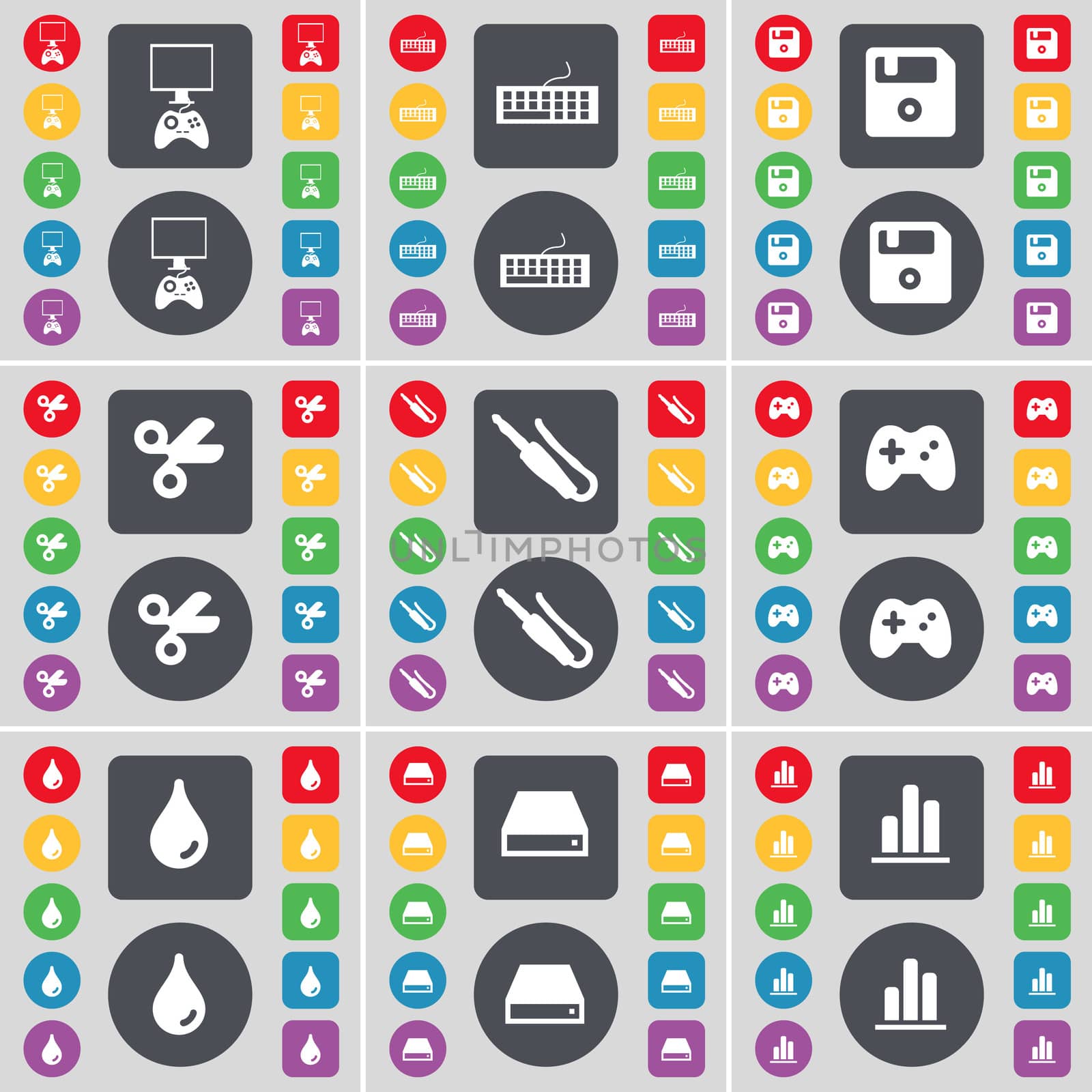 Game console, Keyboard, Floppy disk, Scissors, Microphone connector, Gamepad, Drop, Hard drive, Diagram icon symbol. A large set of flat, colored buttons for your design. illustration