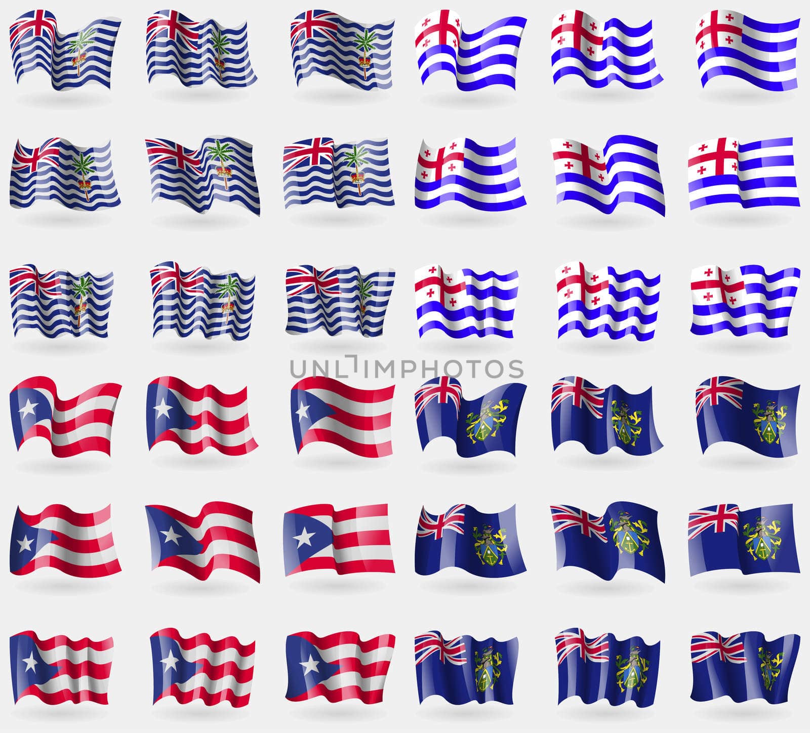 British Indian Ocean Territory, Ajaria, Puerto Rico, Pitcairn Islands. Set of 36 flags of the countries of the world. illustration