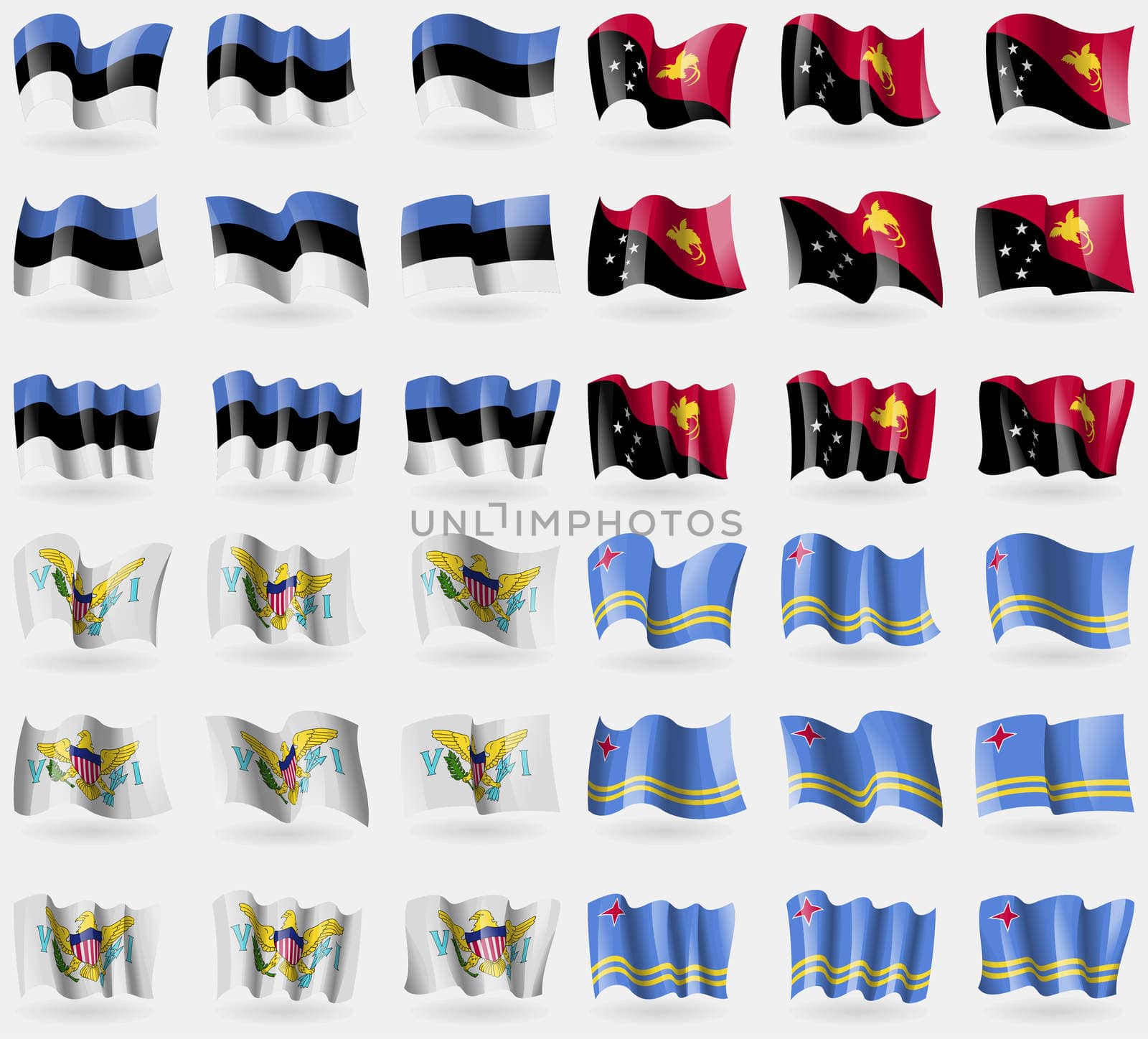 Estonia, Papua New Guinea, VirginIslandsUS, Aruba. Set of 36 flags of the countries of the world.  by serhii_lohvyniuk