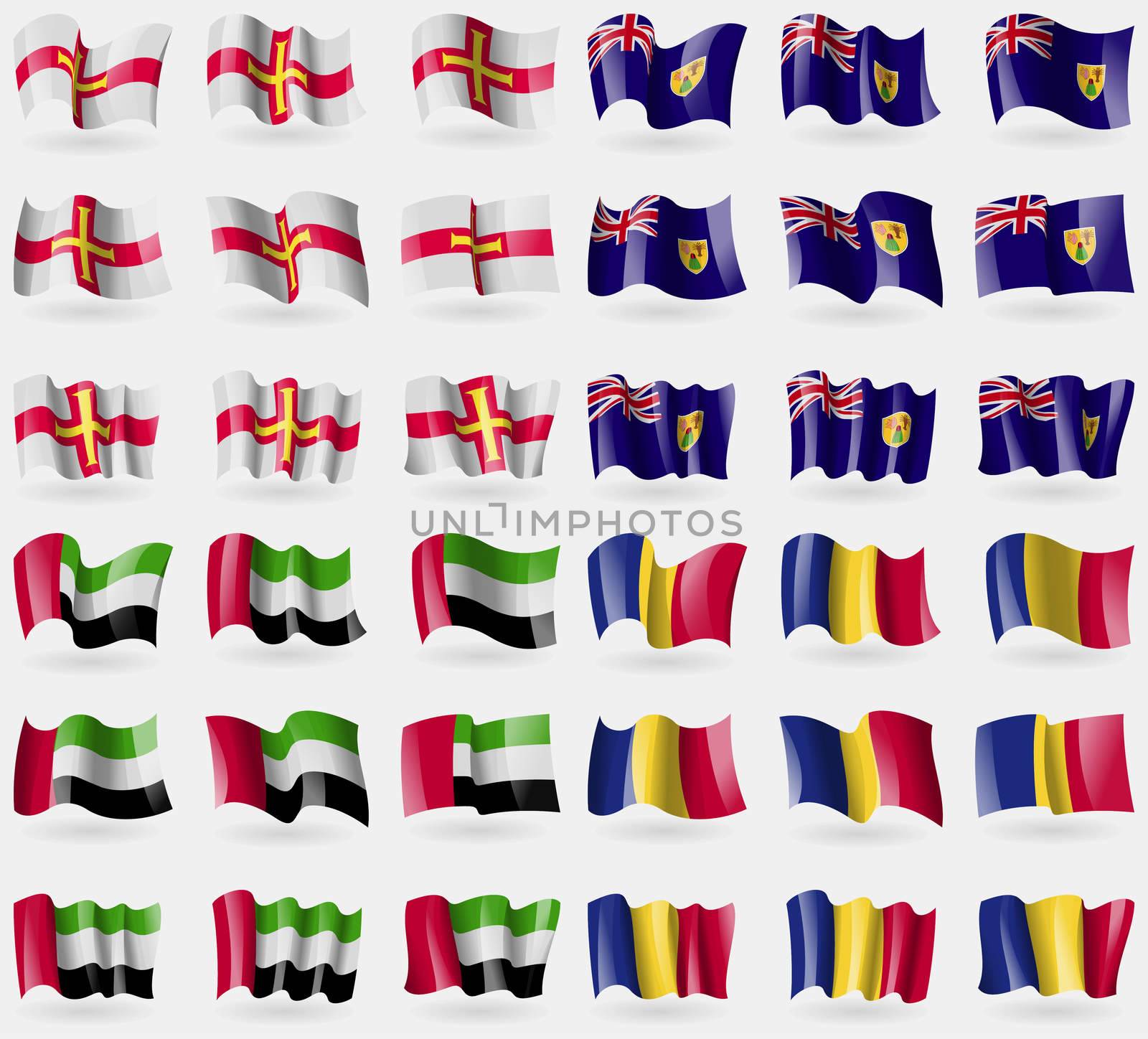Guernsey, Turks and Caicos, United Arab Emirates, Romania. Set of 36 flags of the countries of the world. illustration