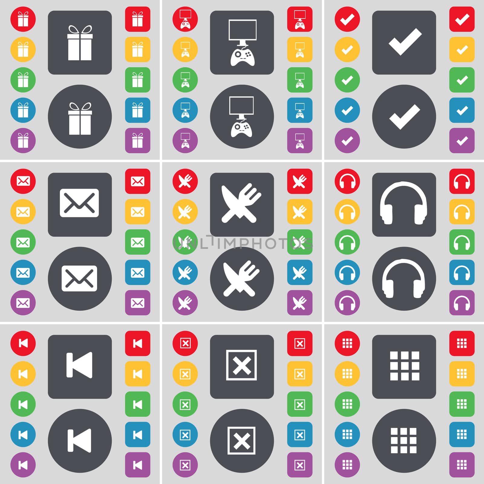 Gift, Game console, Tick, Message, Fork and knife, Headphones, Media skip, Stop, Apps icon symbol. A large set of flat, colored buttons for your design. illustration