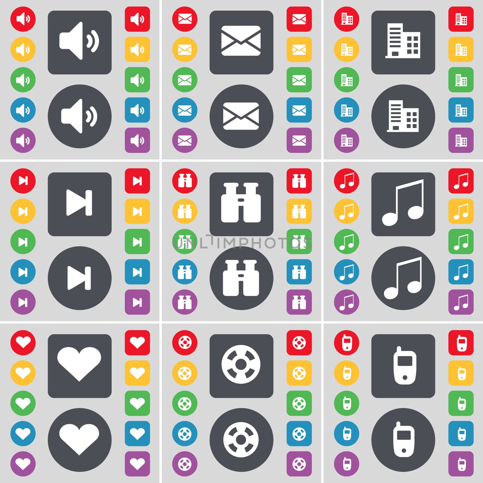 Sound, Message, Building, Media skip, Binoculars, Note, Heart, Videotape, Mobile phone icon symbol. A large set of flat, colored buttons for your design. illustration