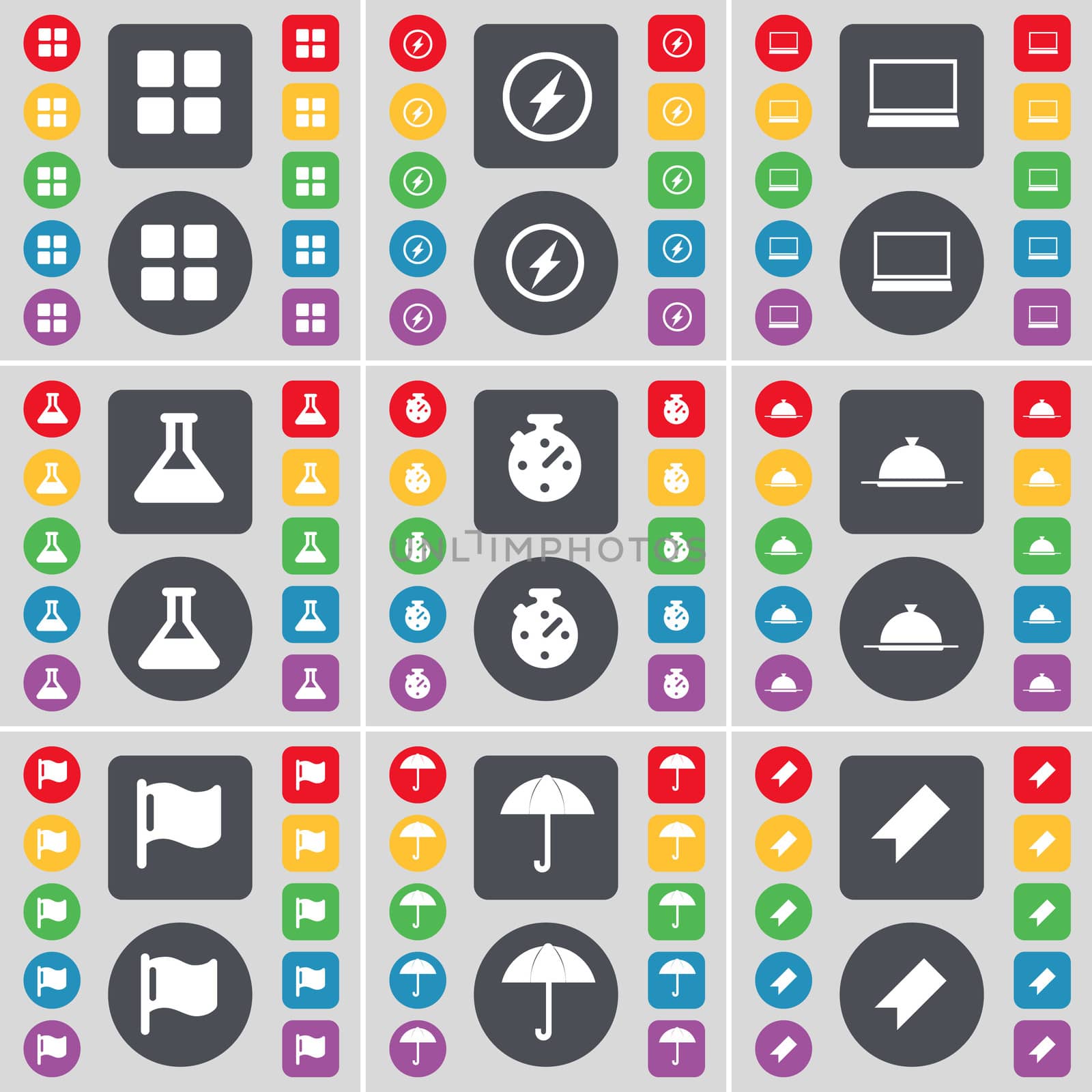 Apps, Flash, Laptop, Flask, Stopwatch, Tray, Flag, Umbrella, Marker icon symbol. A large set of flat, colored buttons for your design. illustration