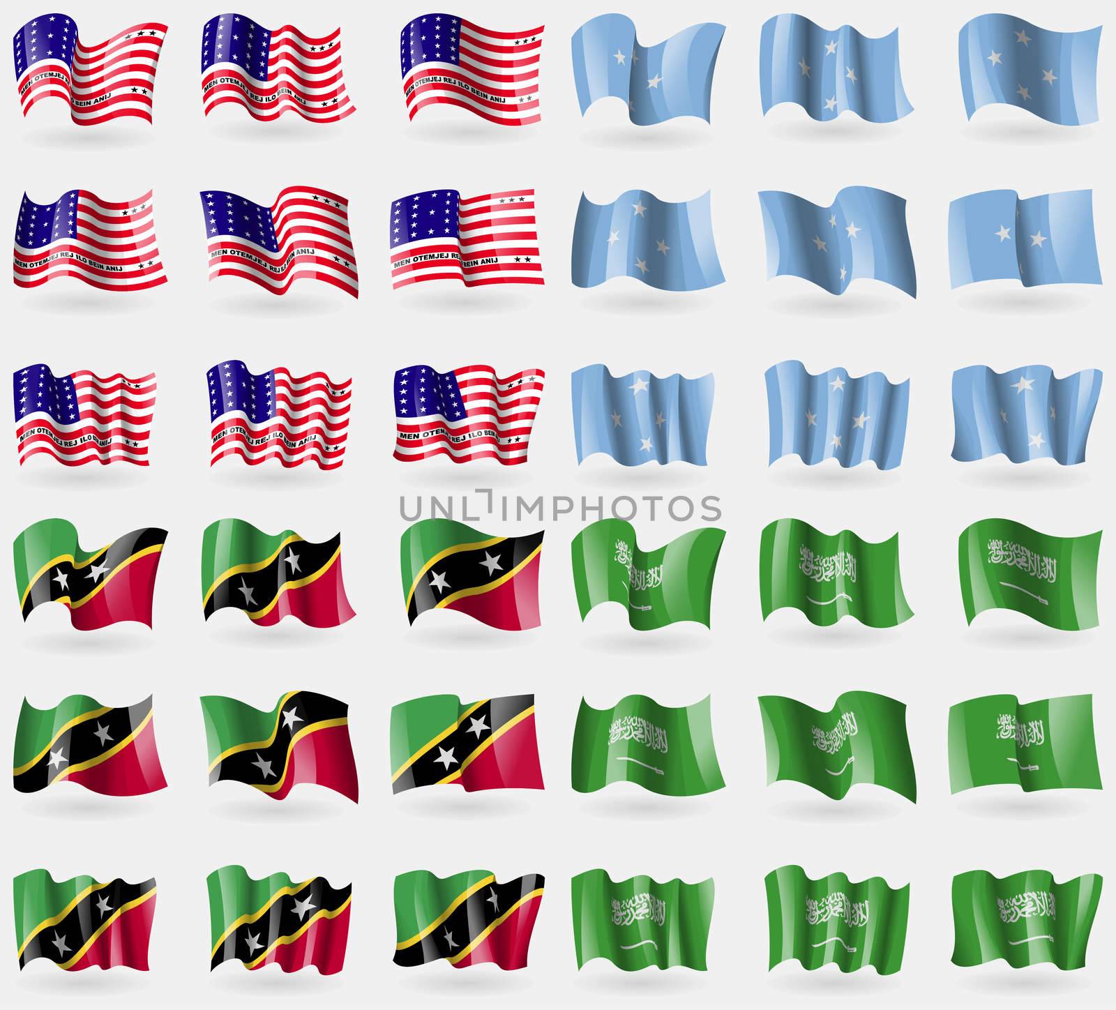 Bikini Atoll, Micronesia, Saint Kitts and Nevis, Saudi Arabia. Set of 36 flags of the countries of the world.  by serhii_lohvyniuk