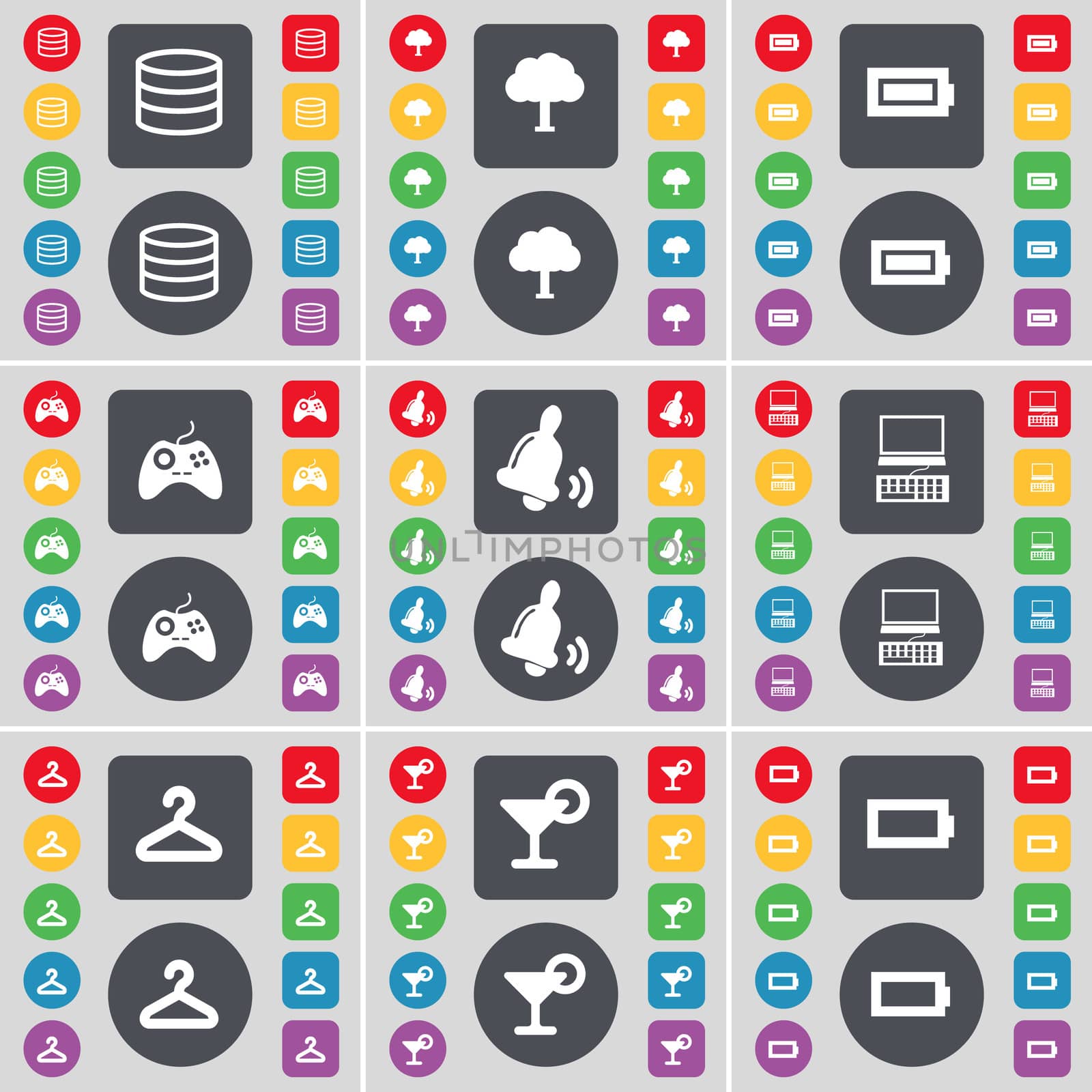 Database, Tree, Battery, Gamepad, Bell, Laptop, Hanger, Cocktail, Battery icon symbol. A large set of flat, colored buttons for your design. illustration