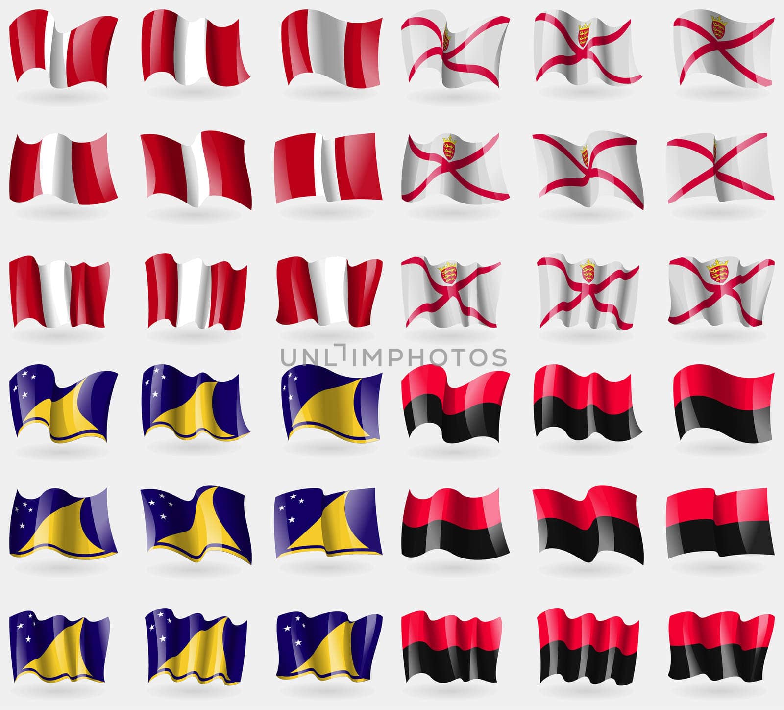 Peru, Jersey, Tokelau, UPA. Set of 36 flags of the countries of the world. illustration