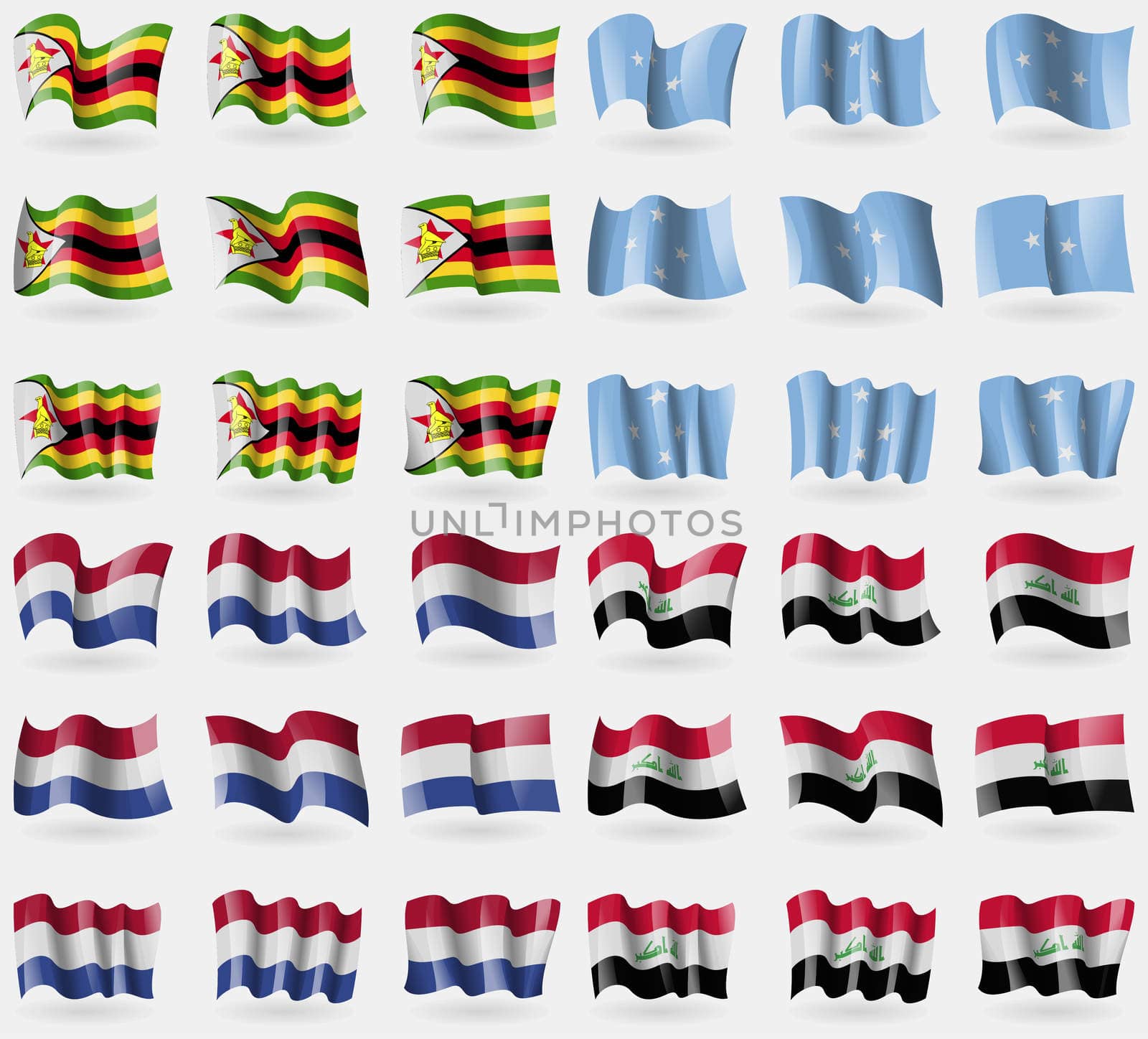 Zimbabwe, Micronesia, Netherlands, Iraq. Set of 36 flags of the countries of the world. illustration