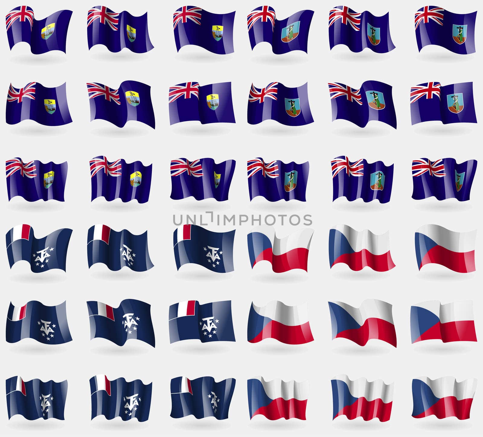 Saint Helena, Montserrat, French and Antarctic, Czech Republic. Set of 36 flags of the countries of the world. illustration
