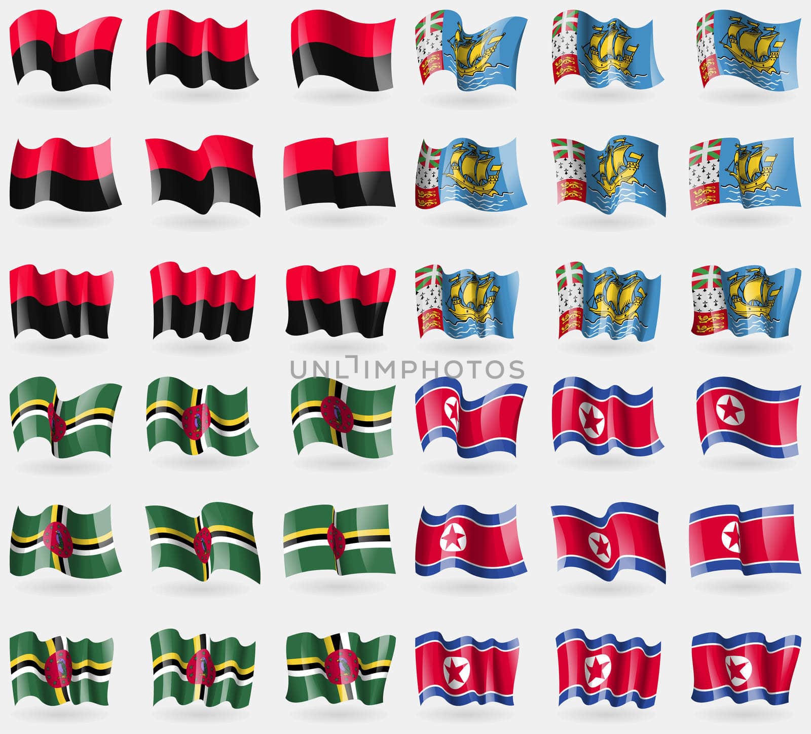 UPA, Saint Pierre and Miquelon, Dominica, Korea North. Set of 36 flags of the countries of the world. illustration