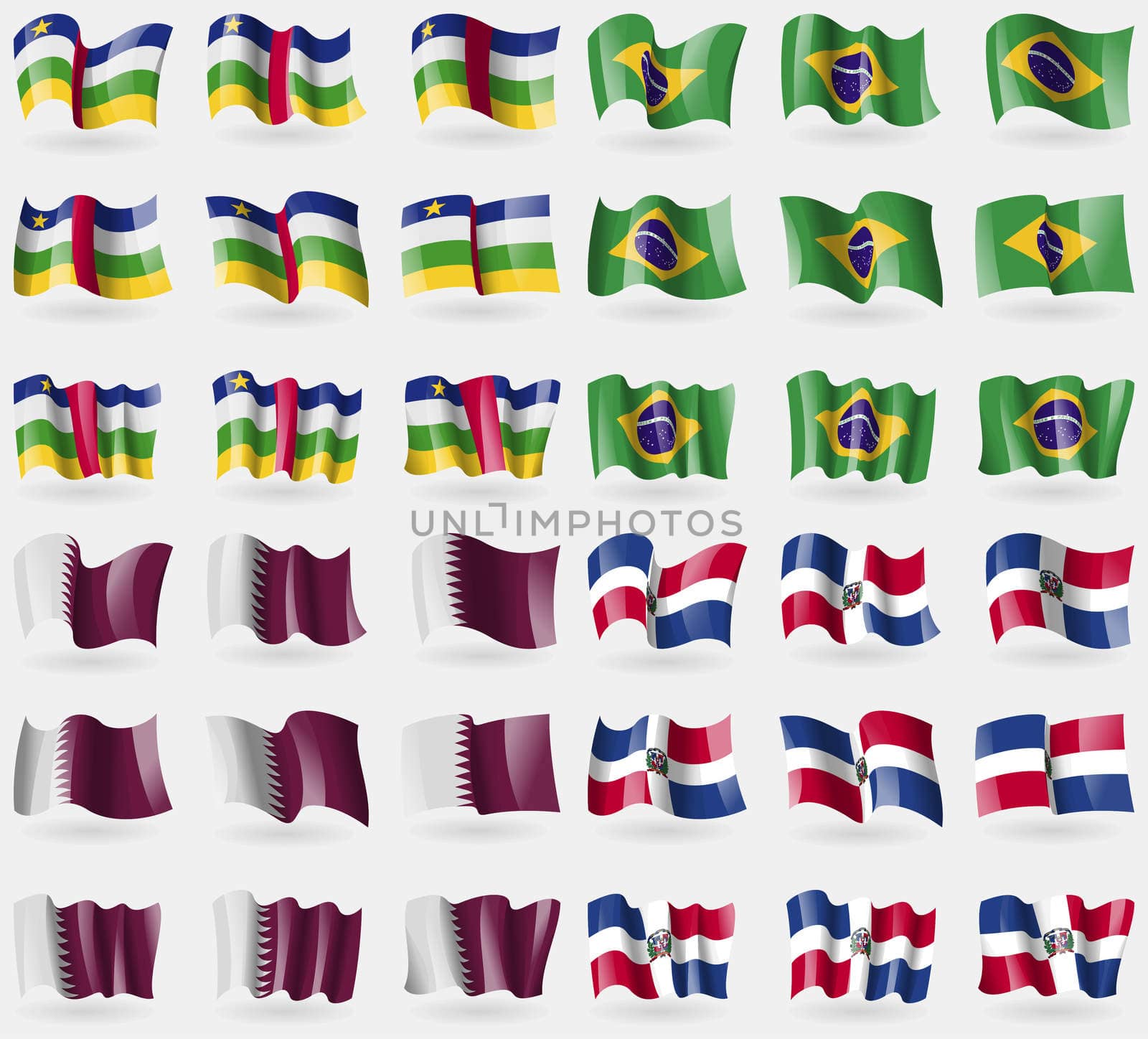 Central African Republic, Brazil, Qatar, Dominican Republic. Set of 36 flags of the countries of the world. illustration