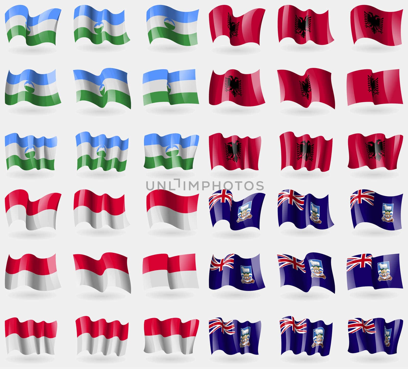 Kabardino Balkaria, Albania, Monaco, Falkland Islands. Set of 36 flags of the countries of the world.  by serhii_lohvyniuk