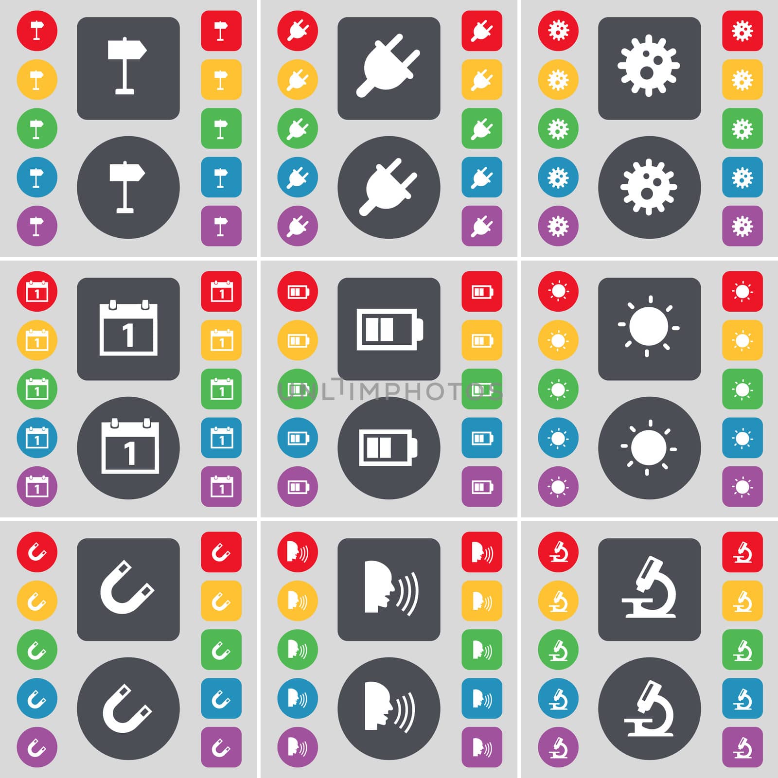 Signphone, Socket, Gear, Calendar, Battery, Light, Magnet, Talk, Microscope icon symbol. A large set of flat, colored buttons for your design. illustration