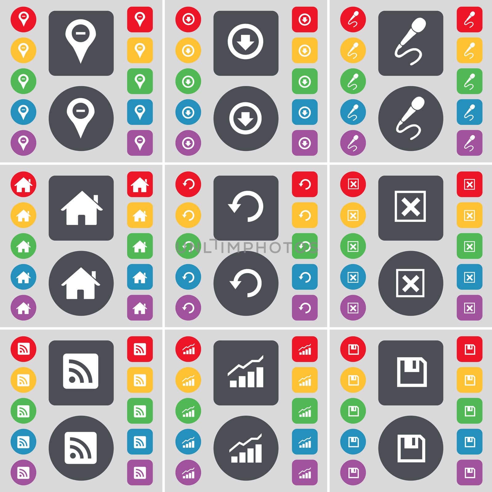 Checkpoint, Arrow down, Microphone, House, Reload, Stop, RSS, Graph, Floppy icon symbol. A large set of flat, colored buttons for your design. illustration